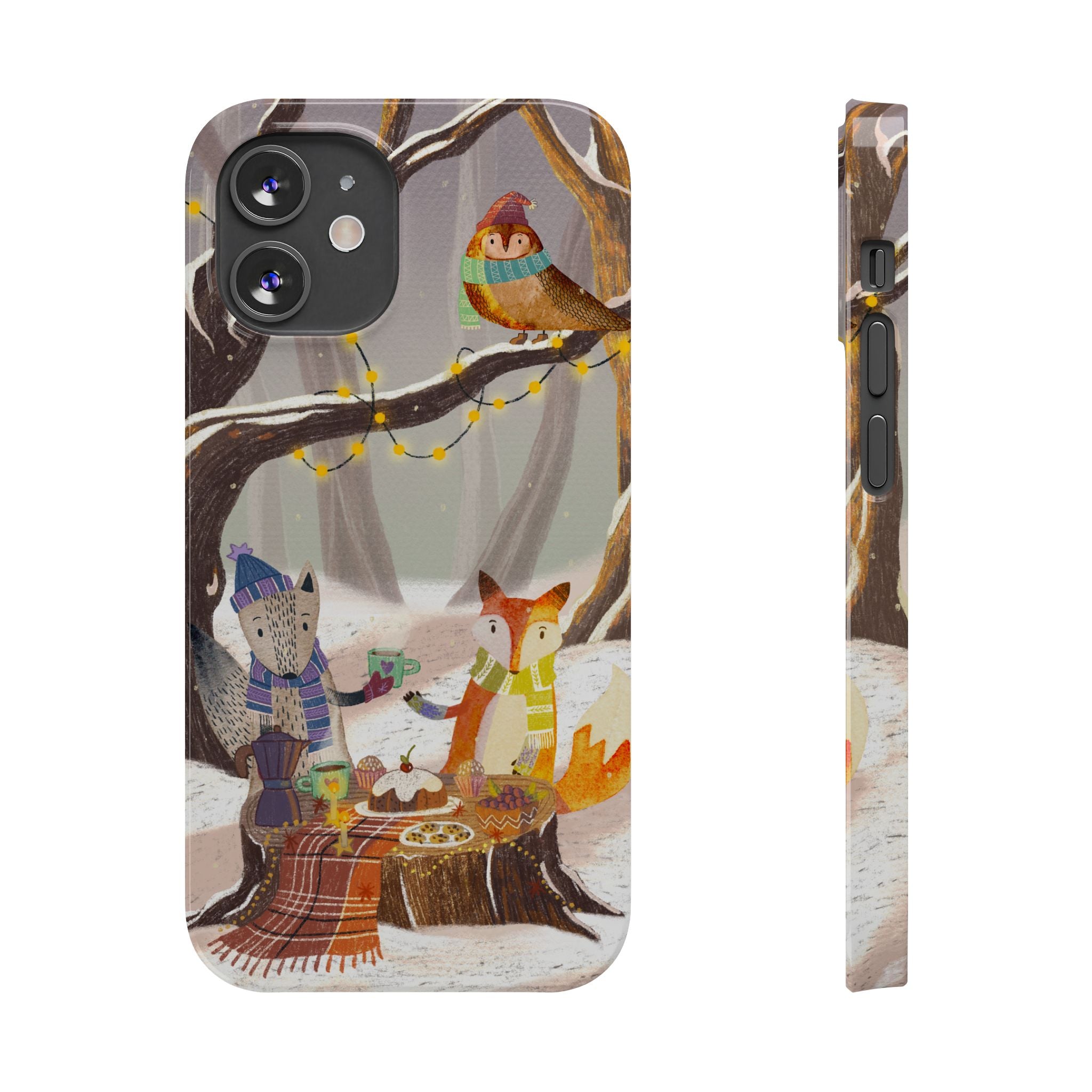 Cozy Winter Animals Slim iPhone Case, Cute Fox & Owl Design, Winter Theme Holiday Gift, Cute Phone Cover Gift, iPhone 16 15 14 13 12 11 X XR