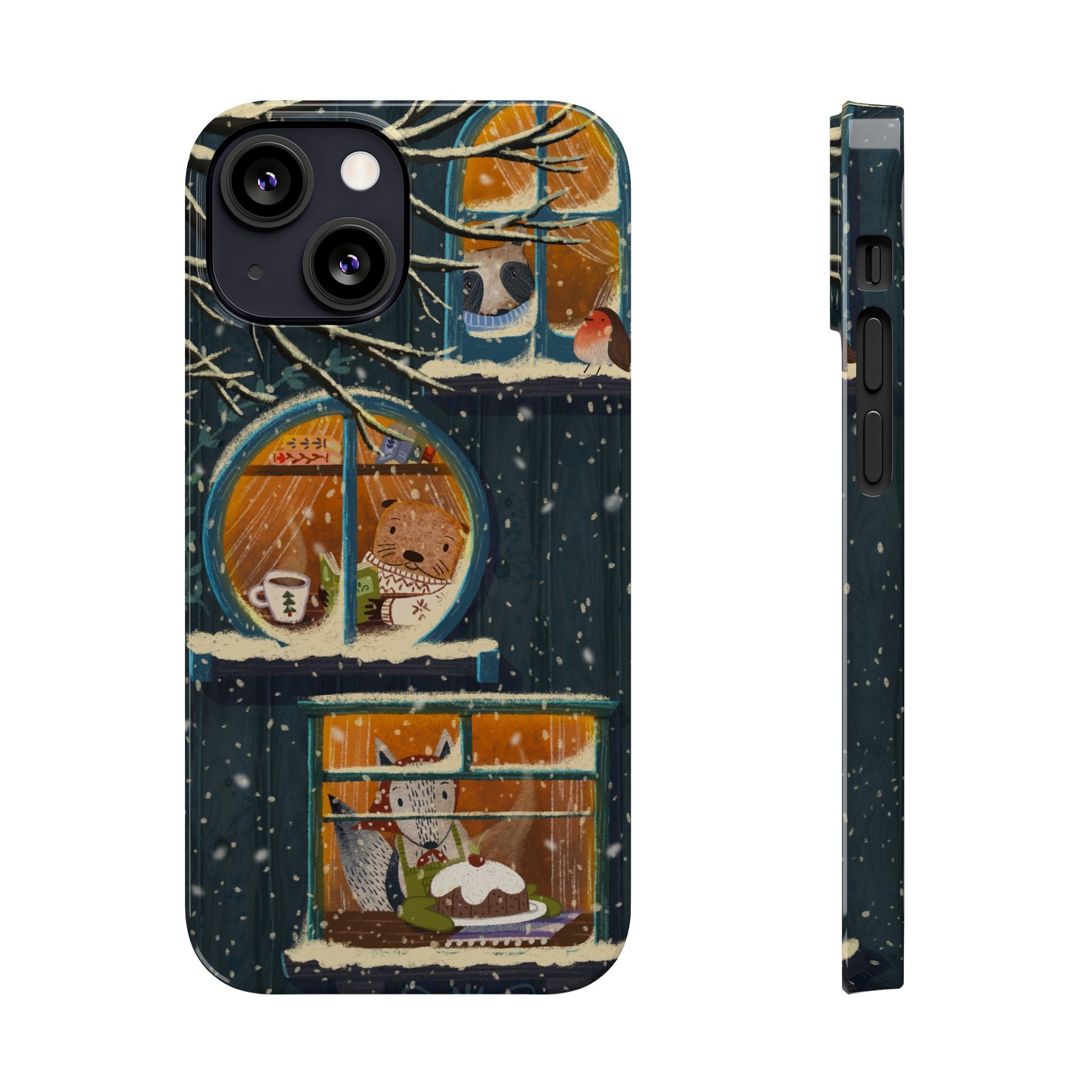 Cute Winter Animals Cozy Home iPhone Case, Woodland Cottage Cover, Treehouse at Night, Raccoon Bear Fox, iPhone 16 15 14 13 12 11 X XR 8 7