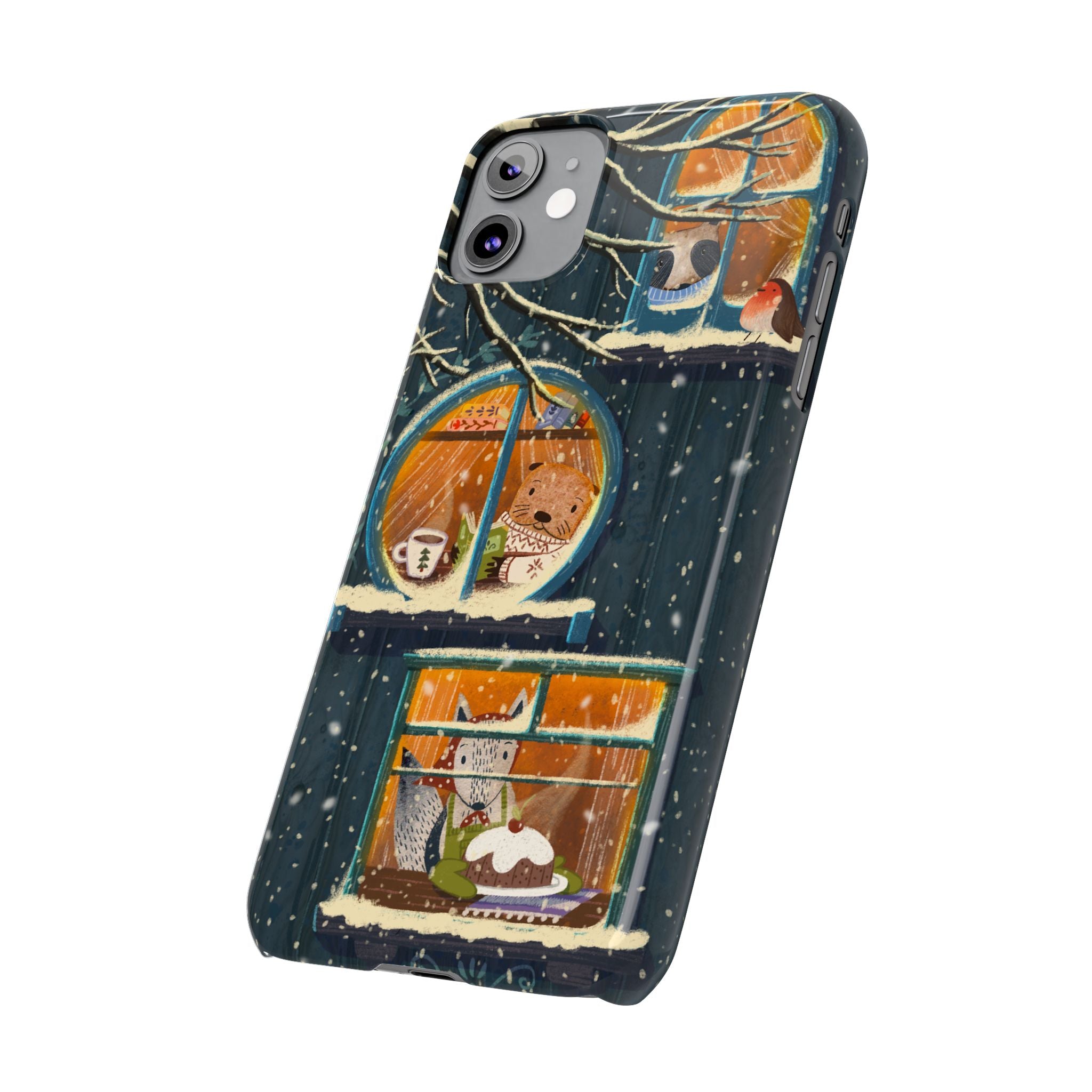 Cute Winter Animals Cozy Home iPhone Case, Woodland Cottage Cover, Treehouse at Night, Raccoon Bear Fox, iPhone 16 15 14 13 12 11 X XR 8 7