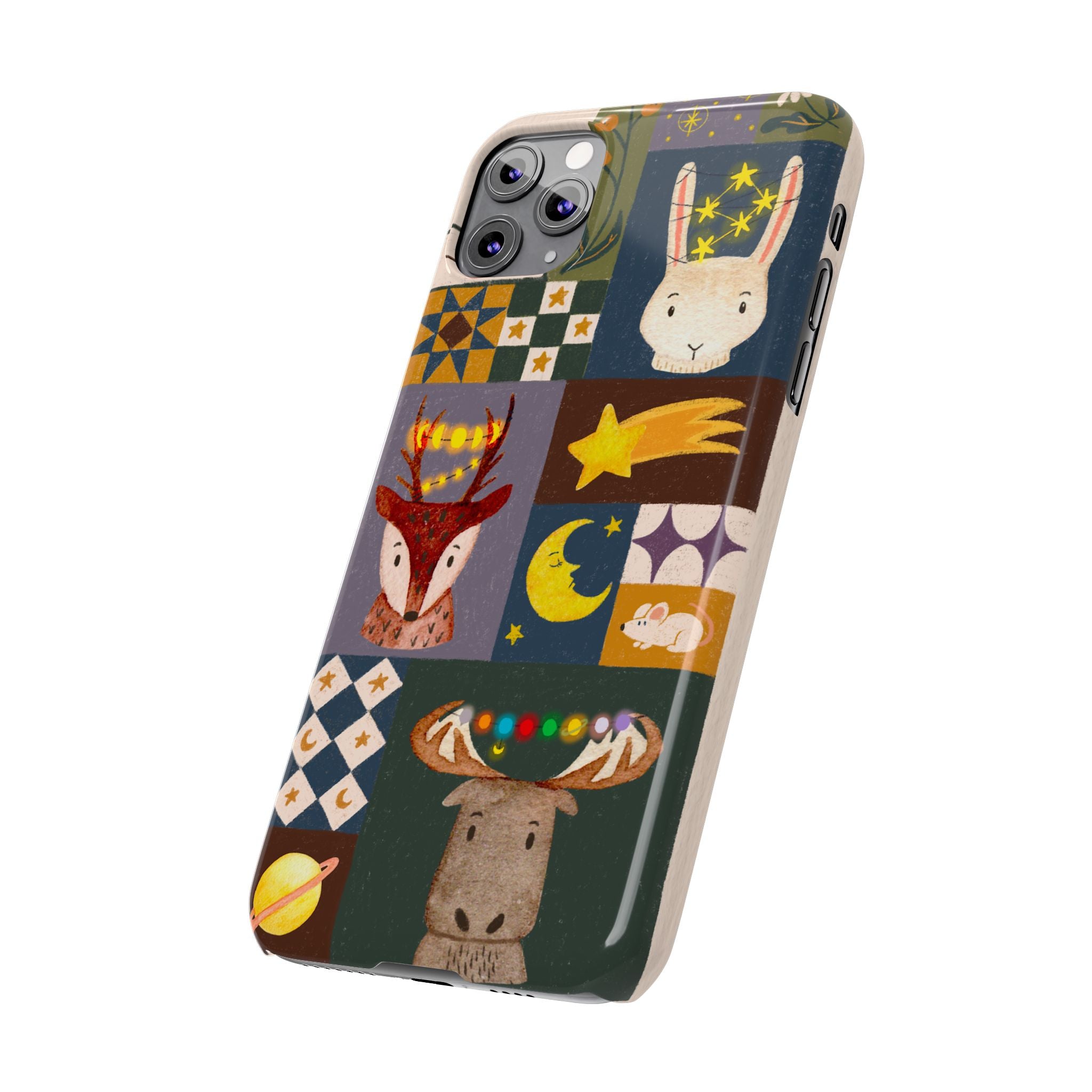 Holiday Night Sky Slim Case, Cute Forest Creatures iPhone Cover, Bunny Deer Moose, iPhone 7 8 X XR XS 11 12 13 14 15 16