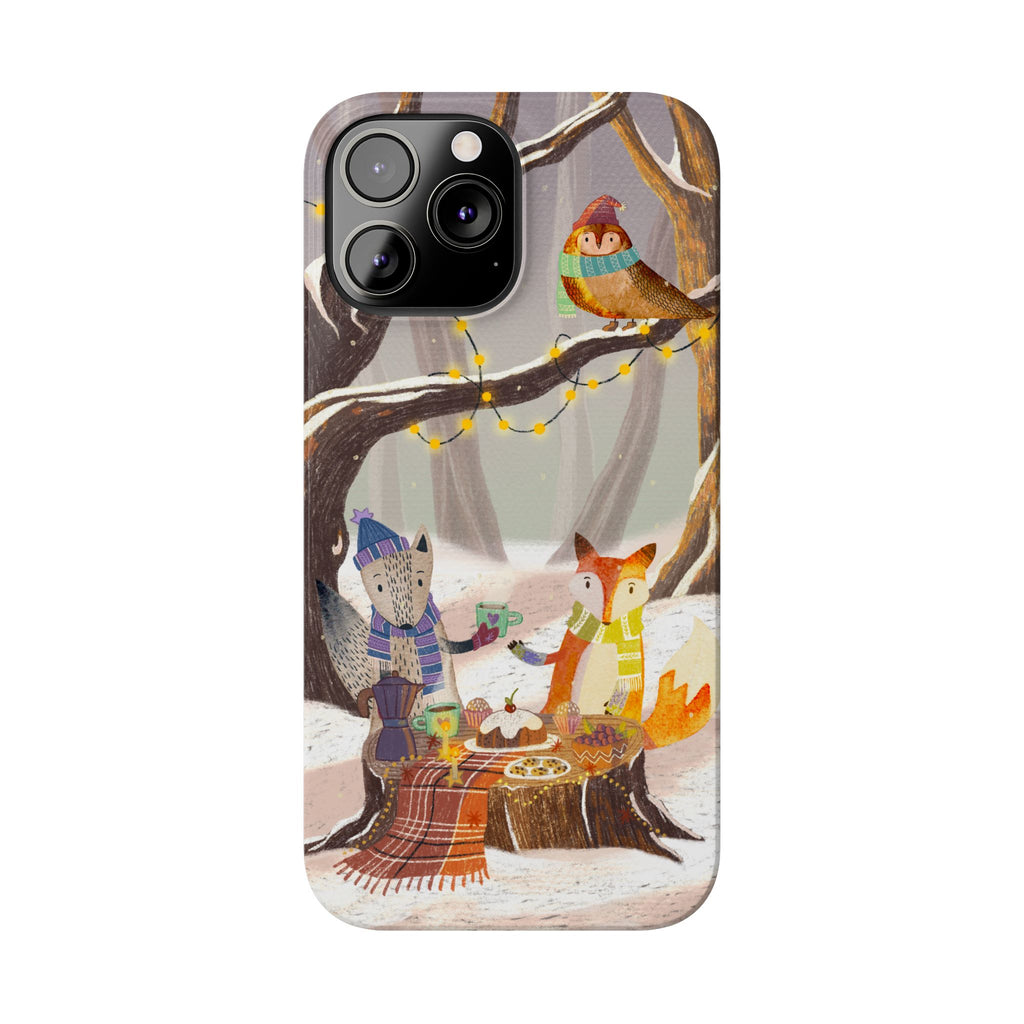 Cozy Winter Animals Slim iPhone Case, Cute Fox & Owl Design, Winter Theme Holiday Gift, Cute Phone Cover Gift, iPhone 16 15 14 13 12 11 X XR