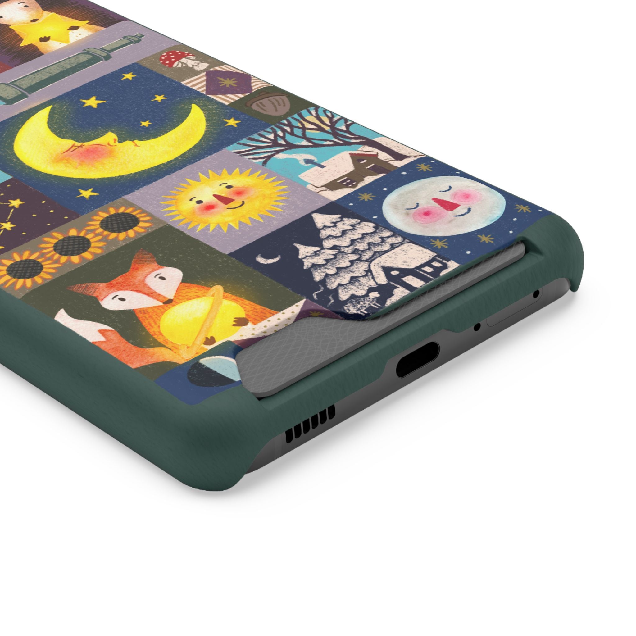 Magical Celestial Patchwork Phone Card Case - Cute Forest Animals Design, Perfect Gift for Nature Lovers, Kids & Adults, Ideal for Birthdays