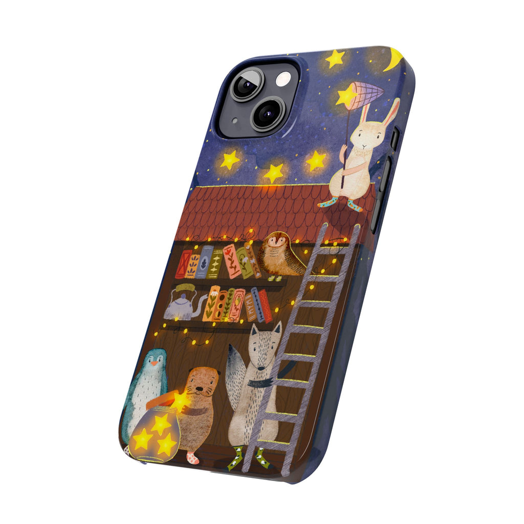 Starlit Library Phone Case, Woodland Animals iPhone Case, Cozy Night Scene Cover, Cute Animals Case Gift, iPhone 7 8 X XR 11 12 13 14 15 16