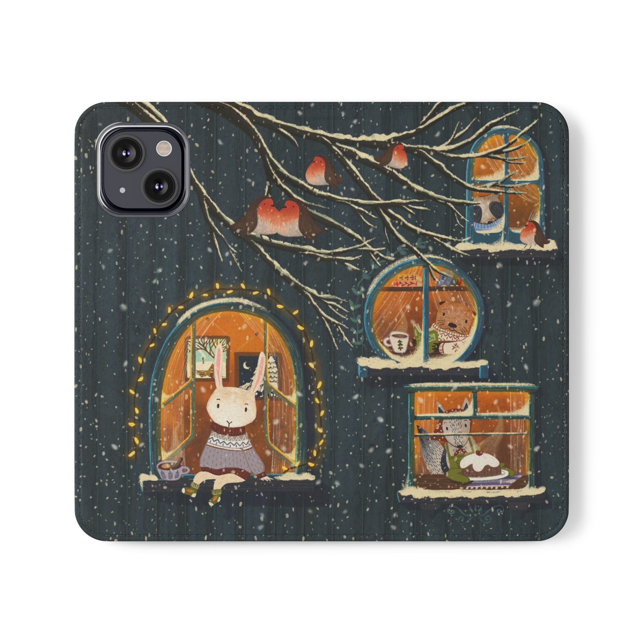Cozy Winter Cottage Wallet Case, Cute Animals Flip Cover, Vegan Leather, Cozy Vibes, Gift Idea for iPhone 11 12 13 14 15 16, Galaxy S21 S22