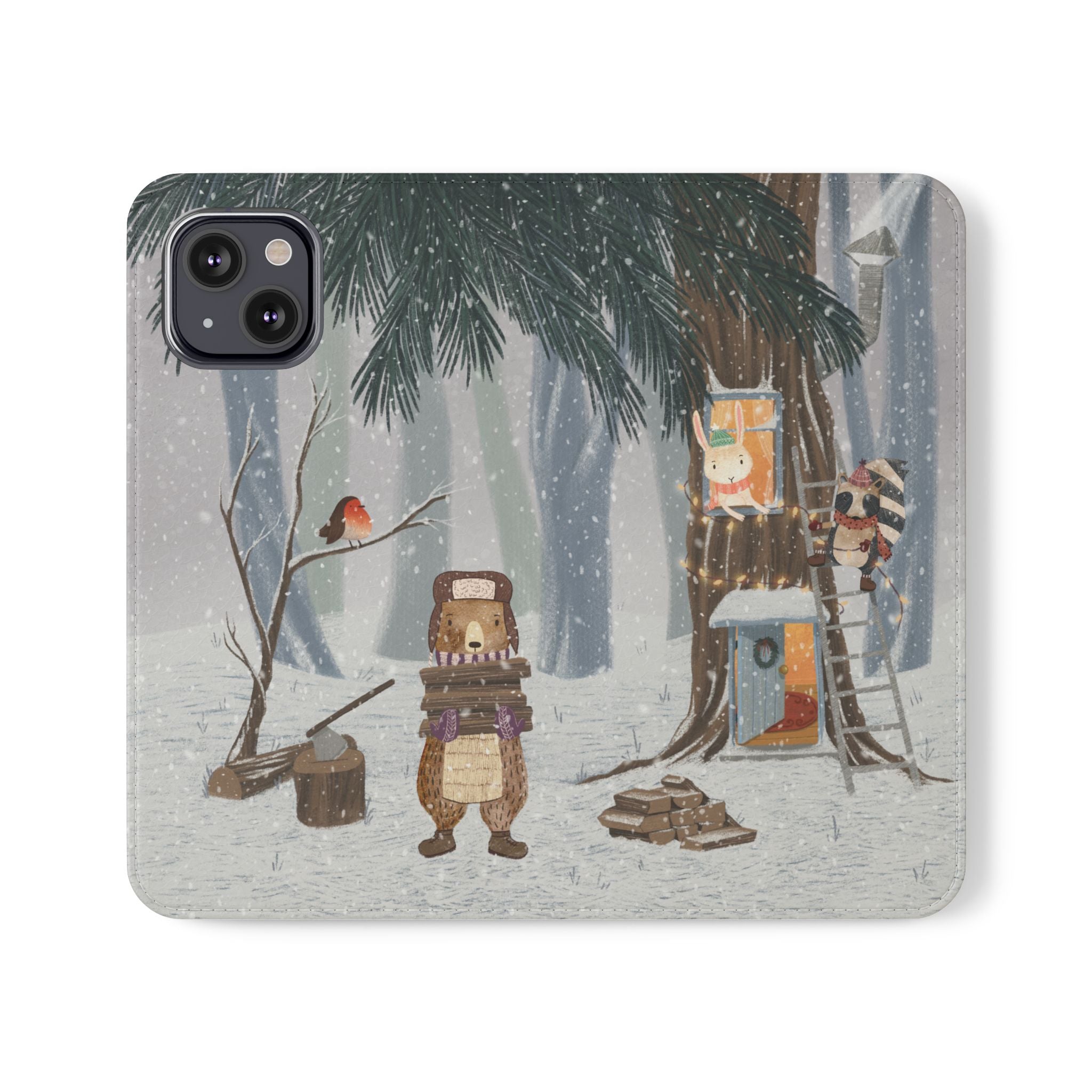 Winter Forest Friends Wallet Case, Woodland Flip Cover, Vegan Leather, Snowy Scene, Cozy Holiday, iPhone 11 12 13 14 15 16, Galaxy S21 S22