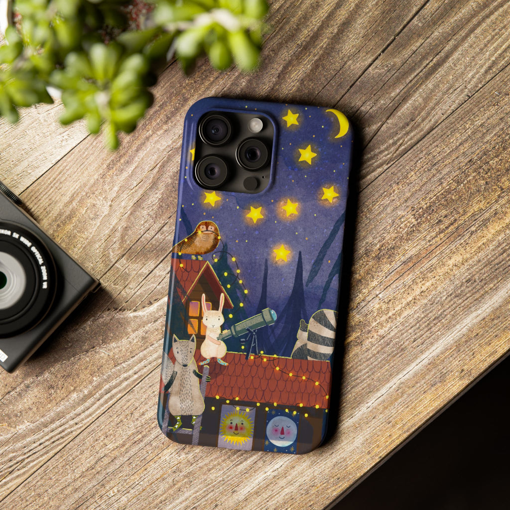 Stargazing Animals Slim iPhone Case, Night Sky Observatory Cover, Cute Forest Gift, Starry Night Gift, iPhone 16 15 14 13 12 11 X XR XS 8 7