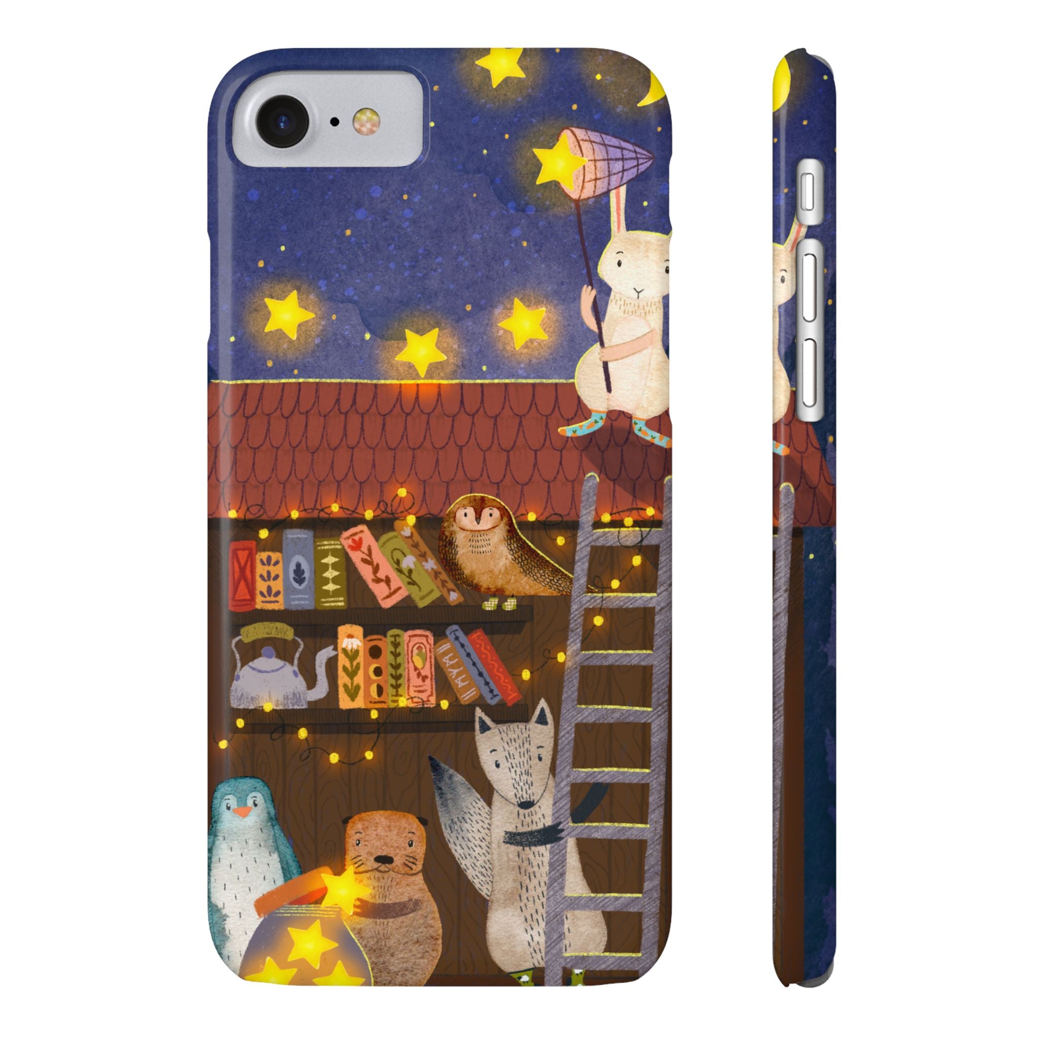 Starlit Library Phone Case, Woodland Animals iPhone Case, Cozy Night Scene Cover, Cute Animals Case Gift, iPhone 7 8 X XR 11 12 13 14 15 16