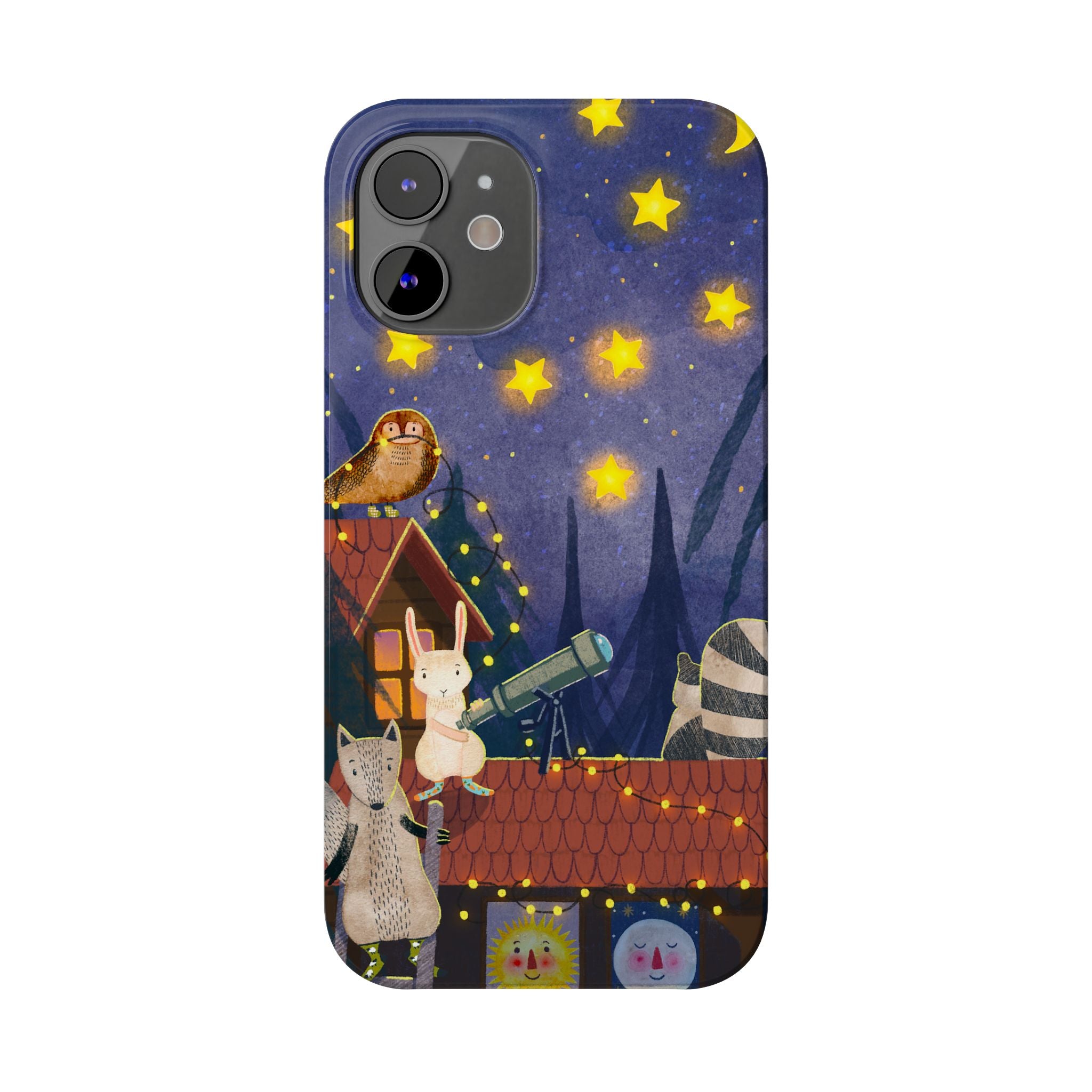 Stargazing Animals Slim iPhone Case, Night Sky Observatory Cover, Cute Forest Gift, Starry Night Gift, iPhone 16 15 14 13 12 11 X XR XS 8 7