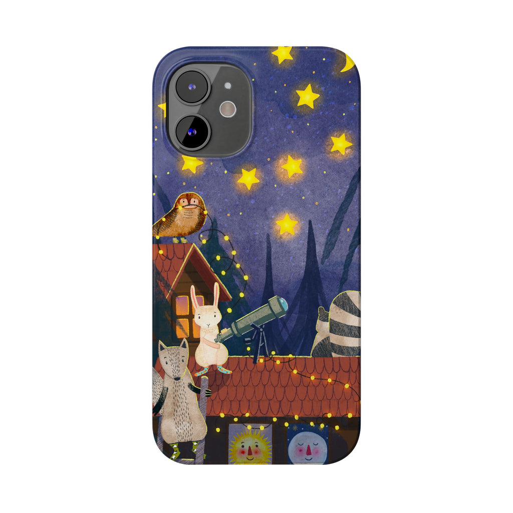 Stargazing Animals Slim iPhone Case, Night Sky Observatory Cover, Cute Forest Gift, Starry Night Gift, iPhone 16 15 14 13 12 11 X XR XS 8 7