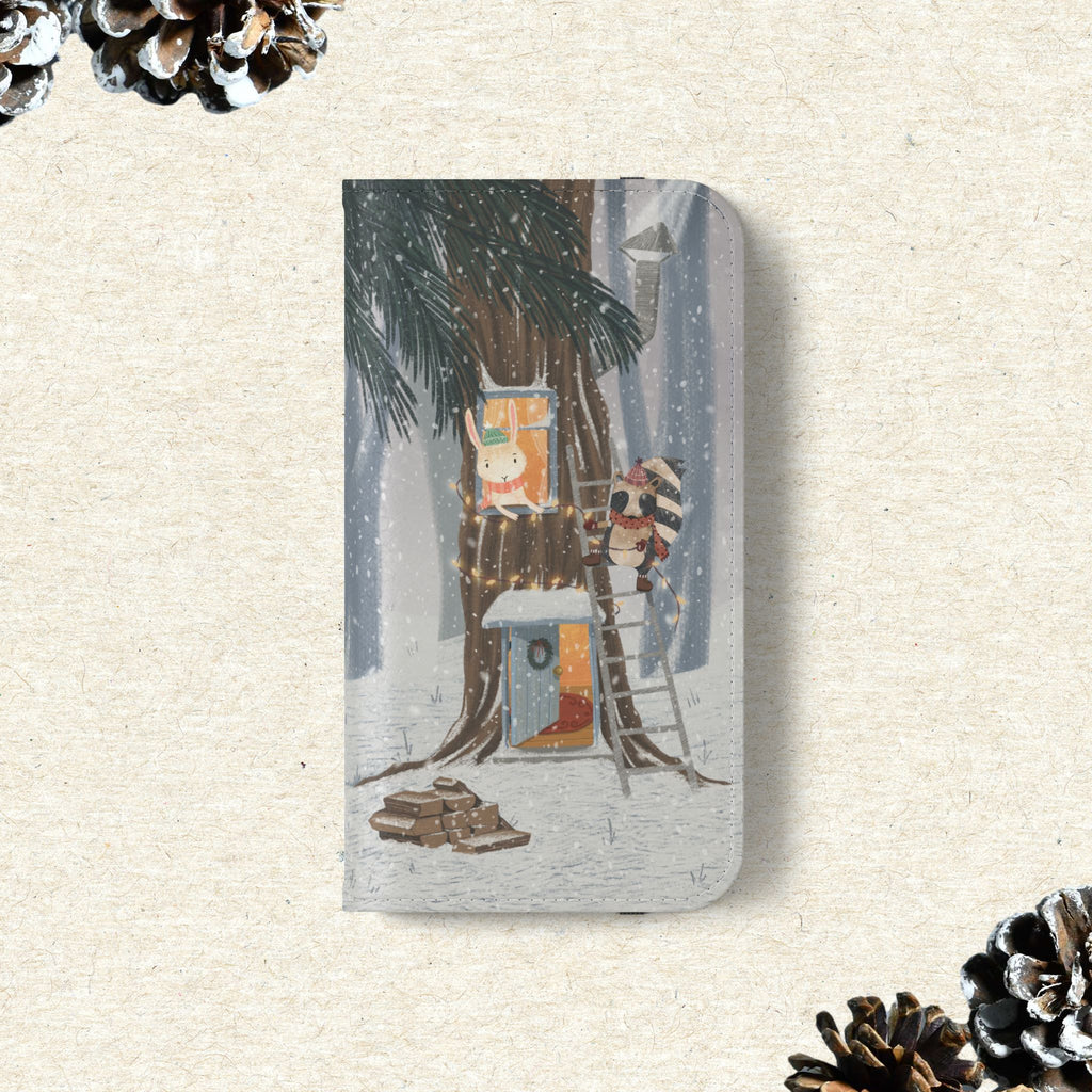 Winter Forest Friends Wallet Case, Woodland Flip Cover, Vegan Leather, Snowy Scene, Cozy Holiday, iPhone 11 12 13 14 15 16, Galaxy S21 S22