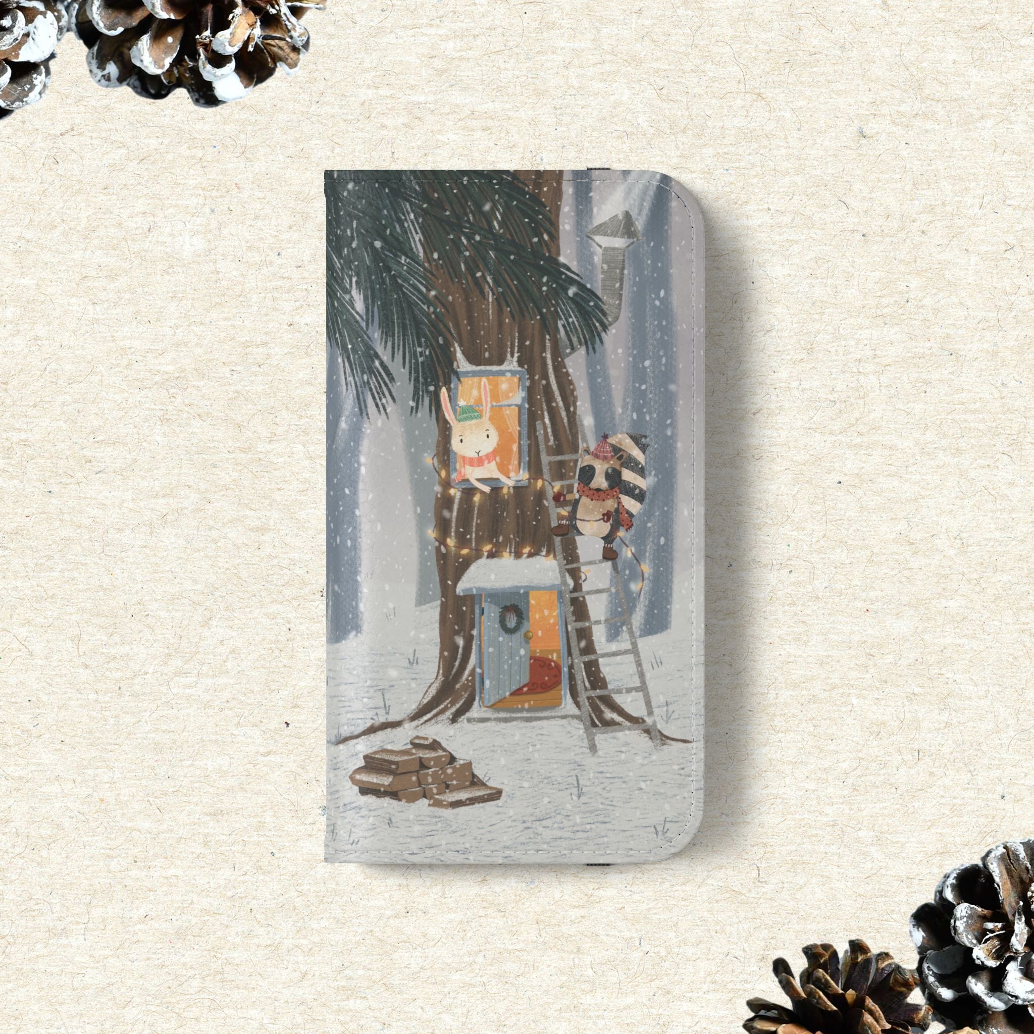 Winter Forest Friends Wallet Case, Woodland Flip Cover, Vegan Leather, Snowy Scene, Cozy Holiday, iPhone 11 12 13 14 15 16, Galaxy S21 S22
