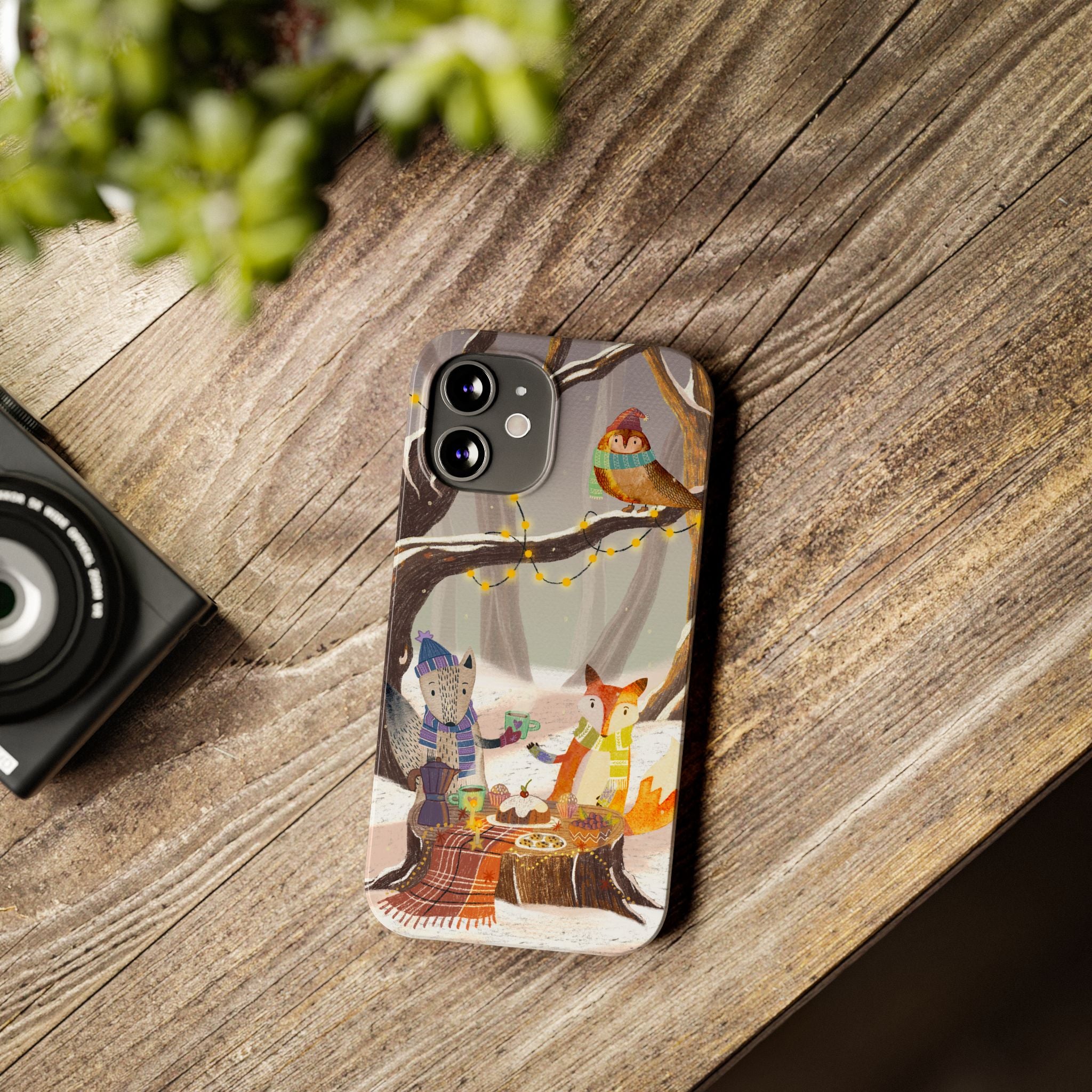 Cozy Winter Animals Slim iPhone Case, Cute Fox & Owl Design, Winter Theme Holiday Gift, Cute Phone Cover Gift, iPhone 16 15 14 13 12 11 X XR