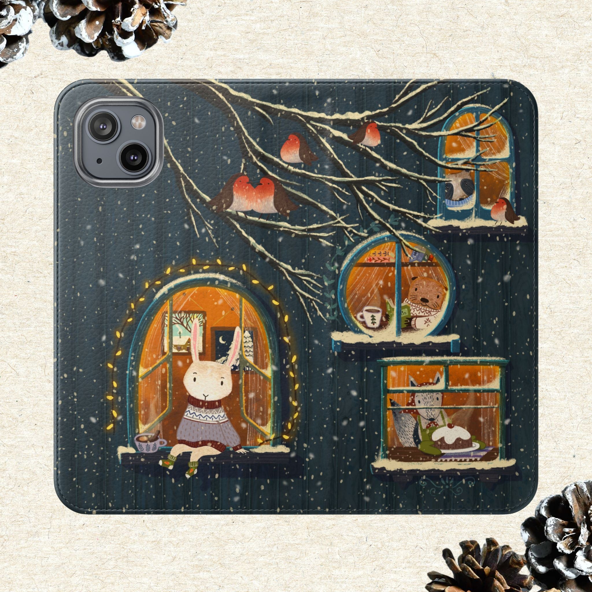 Cozy Winter Cottage Wallet Case, Cute Animals Flip Cover, Vegan Leather, Cozy Vibes, Gift Idea for iPhone 11 12 13 14 15 16, Galaxy S21 S22