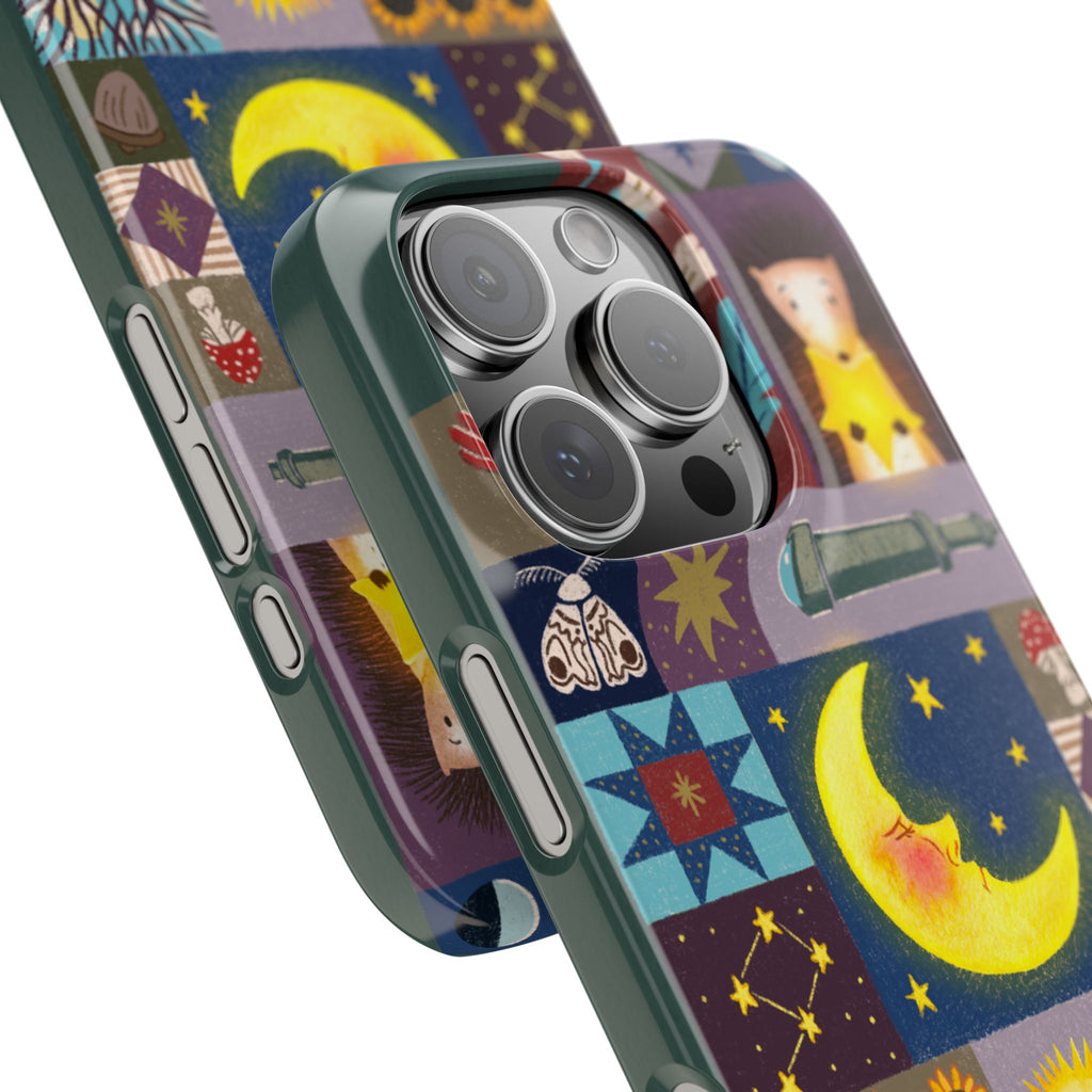 Celestial Quilt iPhone Case, Folk Art Moon Sun Fox Case, Nature Patchwork Cover, Cute Stellar Design, iPhone 7 8 X XR XS 11 12 13 14 15 16