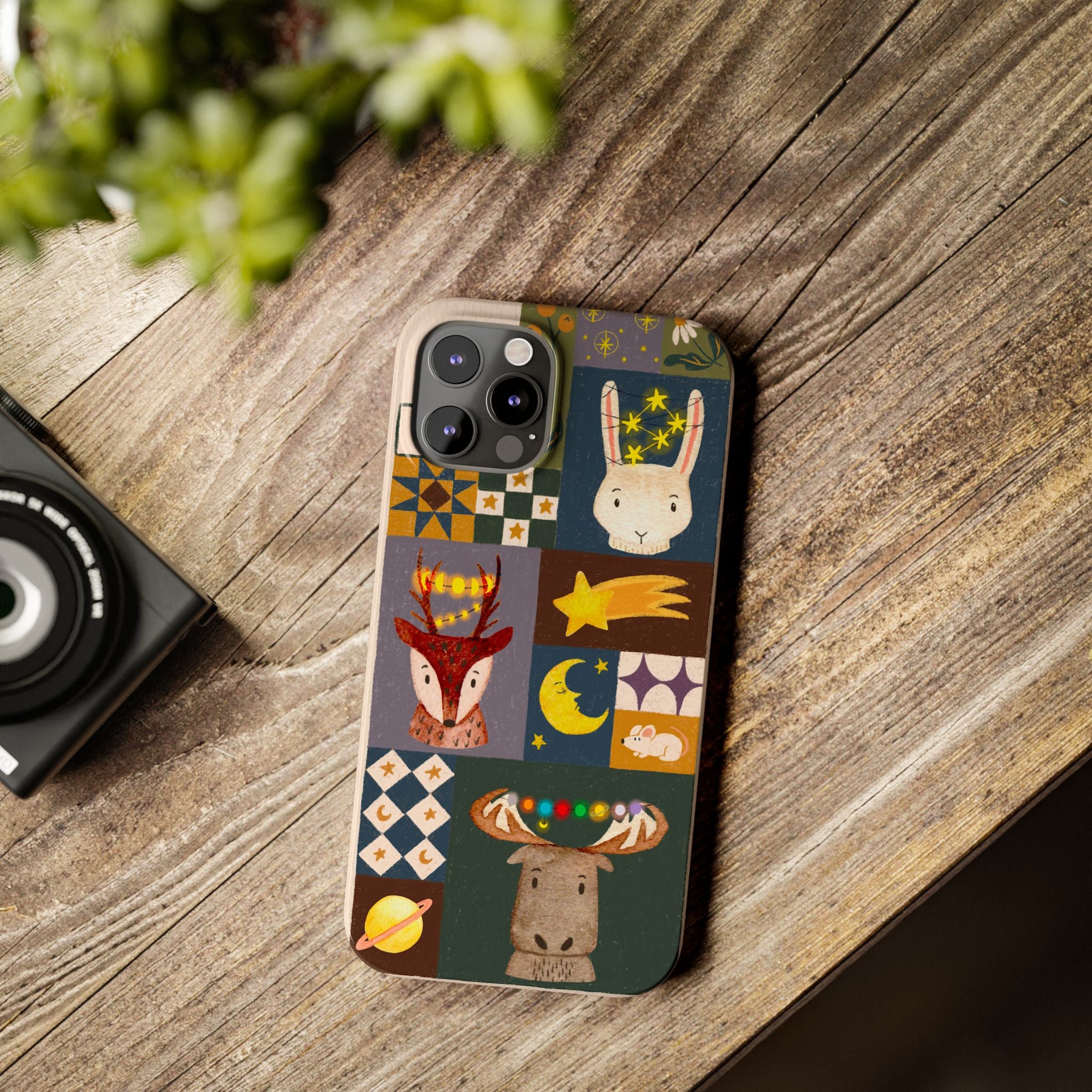 Holiday Night Sky Slim Case, Cute Forest Creatures iPhone Cover, Bunny Deer Moose, iPhone 7 8 X XR XS 11 12 13 14 15 16