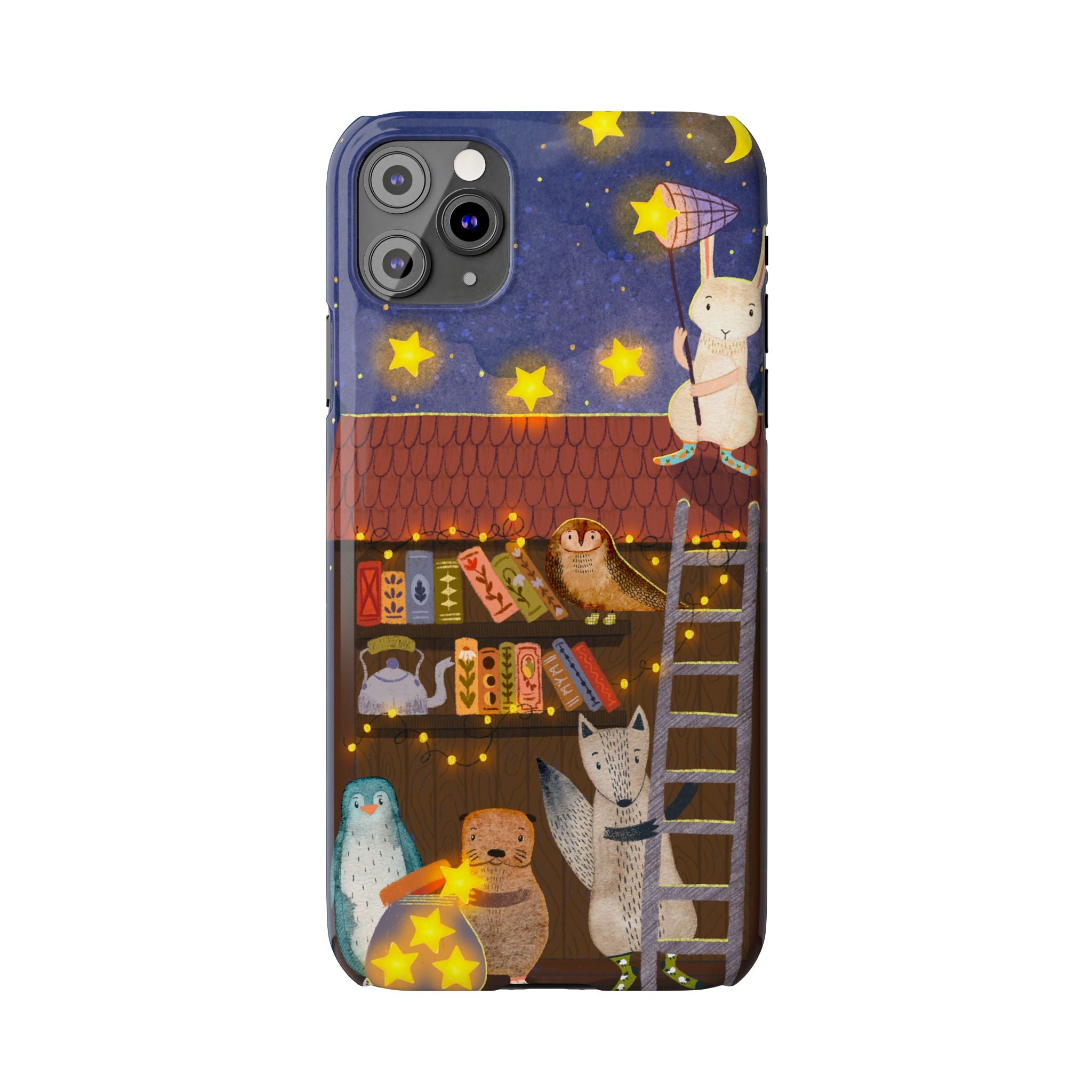 Starlit Library Phone Case, Woodland Animals iPhone Case, Cozy Night Scene Cover, Cute Animals Case Gift, iPhone 7 8 X XR 11 12 13 14 15 16