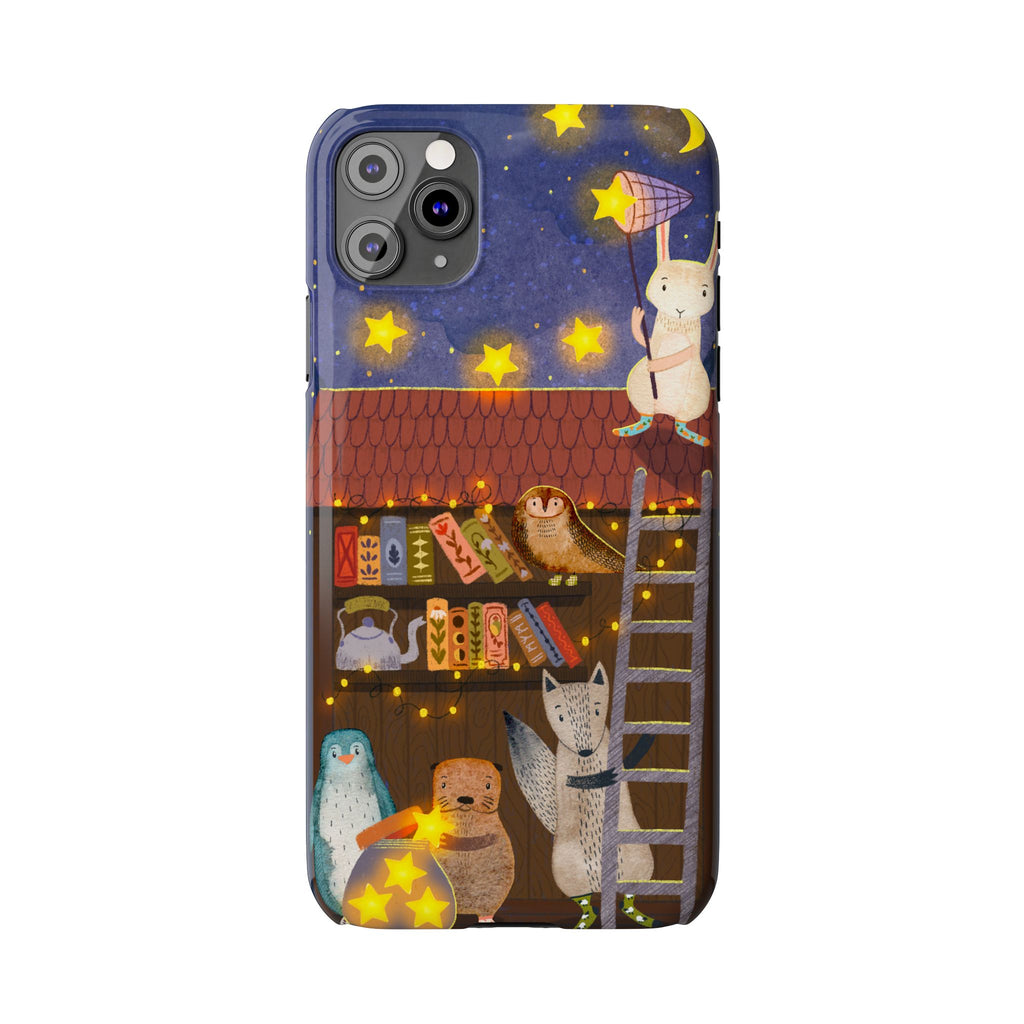 Starlit Library Phone Case, Woodland Animals iPhone Case, Cozy Night Scene Cover, Cute Animals Case Gift, iPhone 7 8 X XR 11 12 13 14 15 16