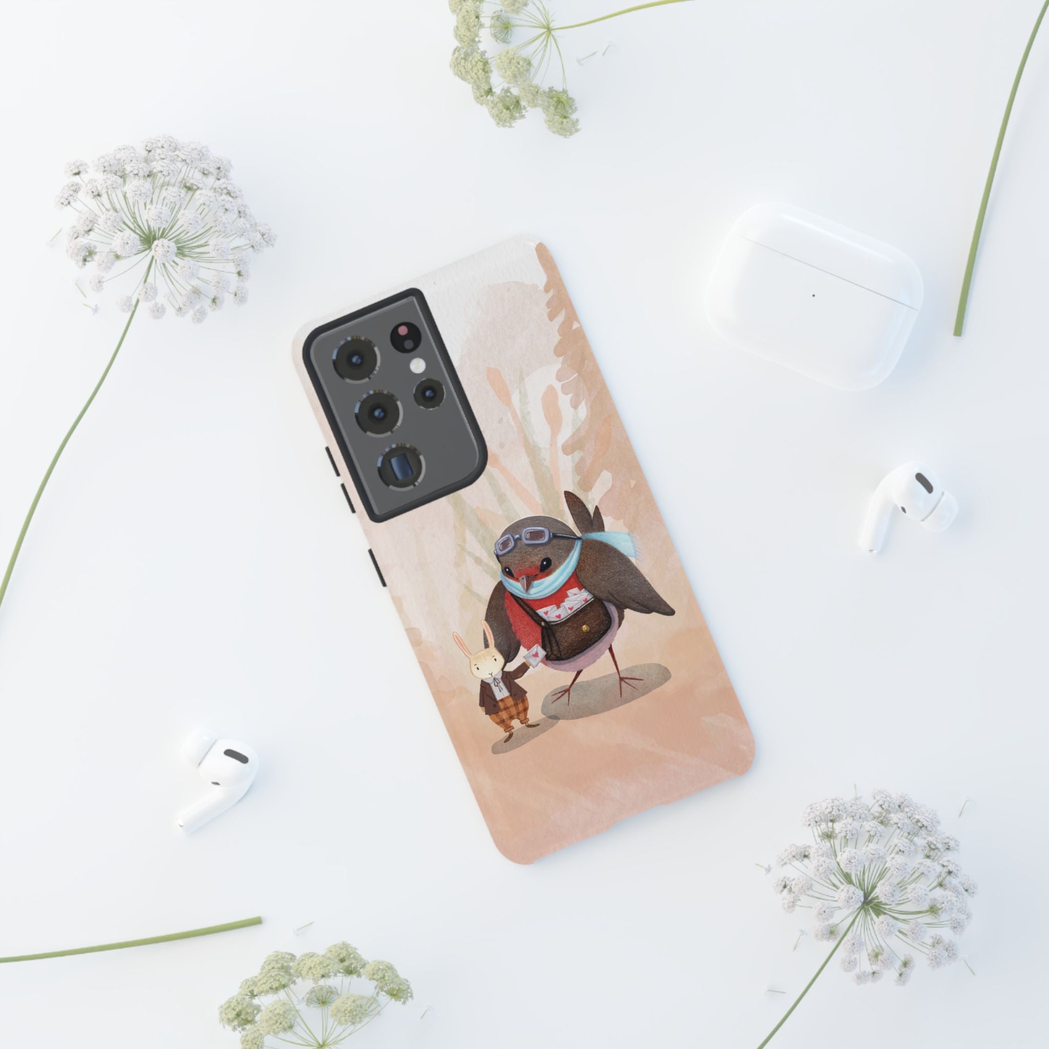 Whimsical Animal Phone Case, Cute Bird and Rabbit Design, Animal Lovers Gift, Nature-Themed Accessory, Eco-Friendly Tech Cover