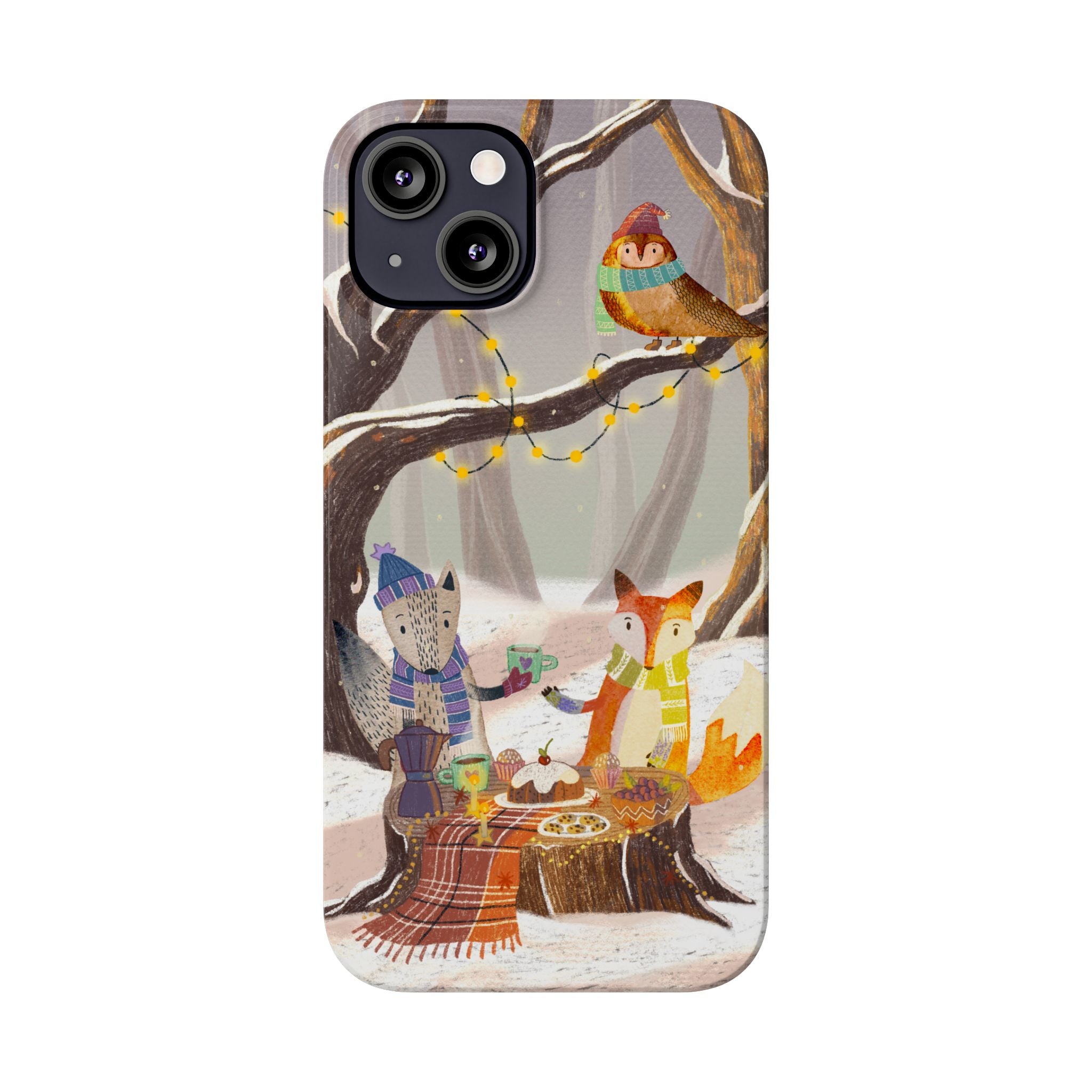 Cozy Winter Animals Slim iPhone Case, Cute Fox & Owl Design, Winter Theme Holiday Gift, Cute Phone Cover Gift, iPhone 16 15 14 13 12 11 X XR