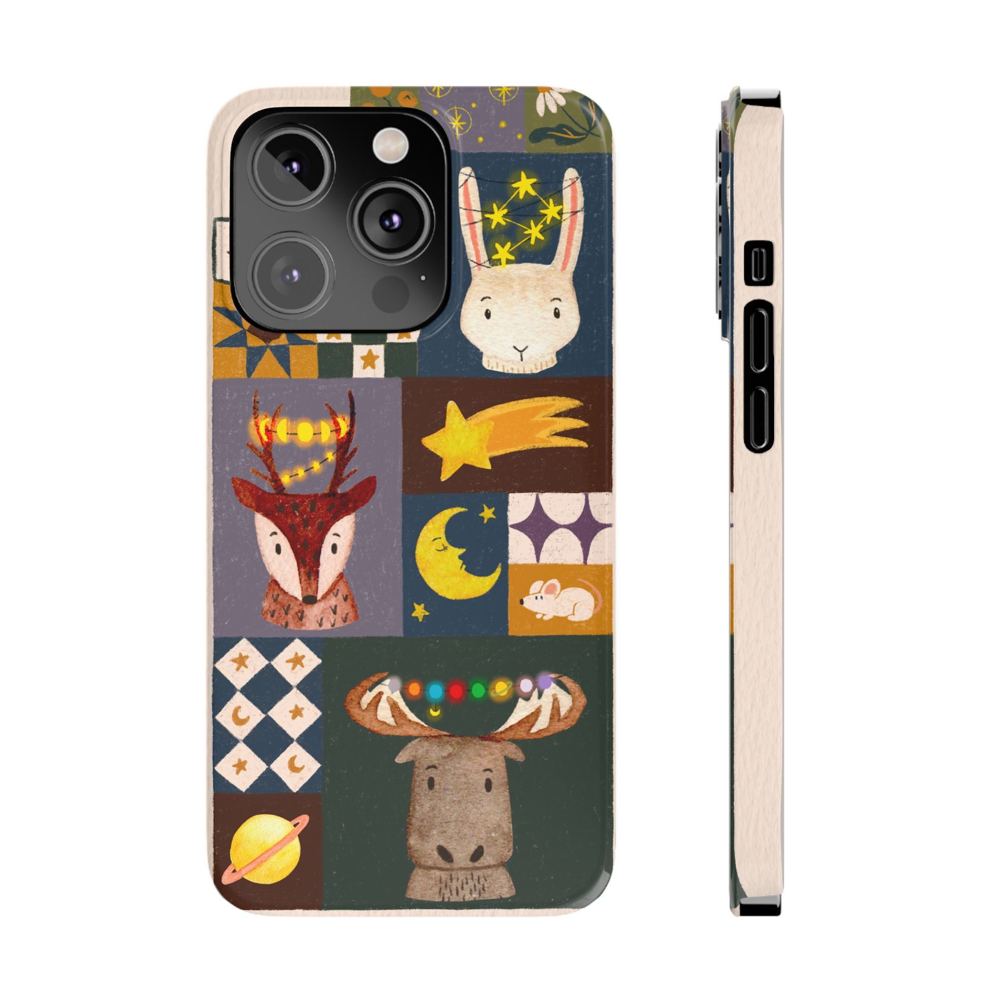 Holiday Night Sky Slim Case, Cute Forest Creatures iPhone Cover, Bunny Deer Moose, iPhone 7 8 X XR XS 11 12 13 14 15 16