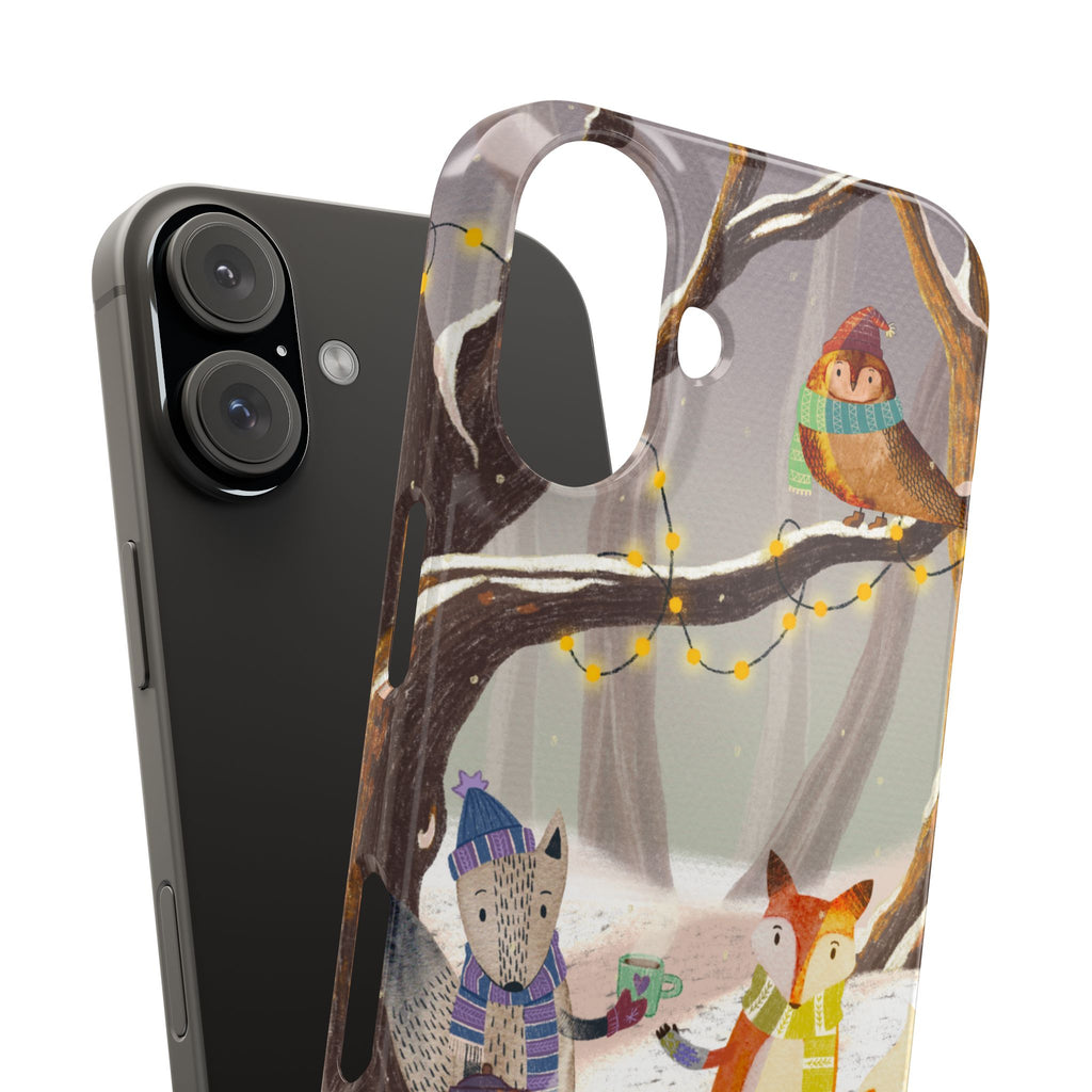 Cozy Winter Animals Slim iPhone Case, Cute Fox & Owl Design, Winter Theme Holiday Gift, Cute Phone Cover Gift, iPhone 16 15 14 13 12 11 X XR