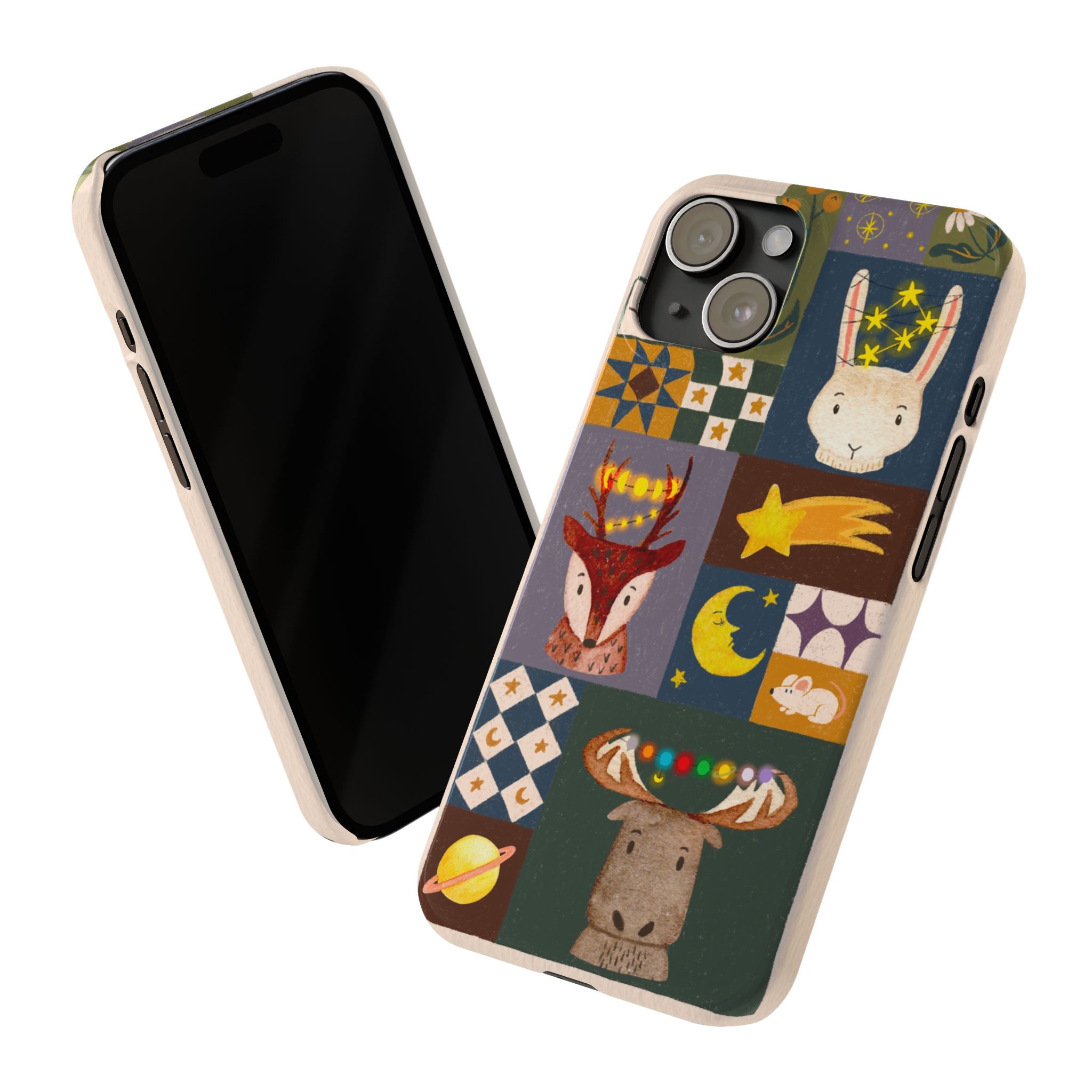 Holiday Night Sky Slim Case, Cute Forest Creatures iPhone Cover, Bunny Deer Moose, iPhone 7 8 X XR XS 11 12 13 14 15 16