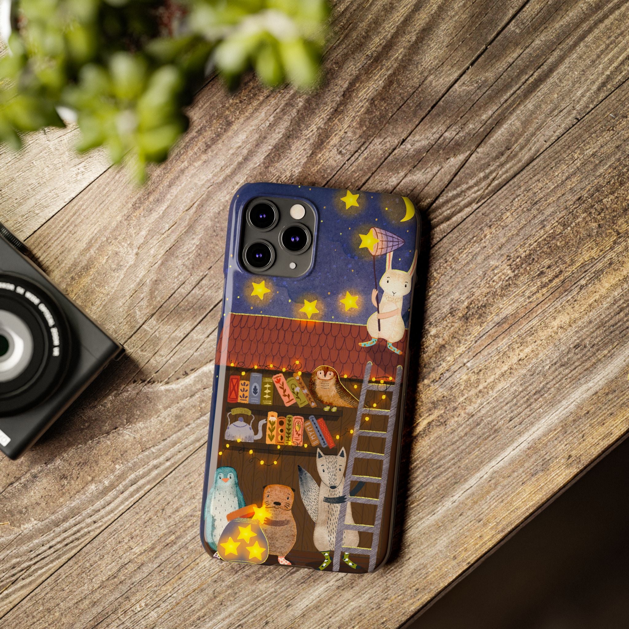 Starlit Library Phone Case, Woodland Animals iPhone Case, Cozy Night Scene Cover, Cute Animals Case Gift, iPhone 7 8 X XR 11 12 13 14 15 16