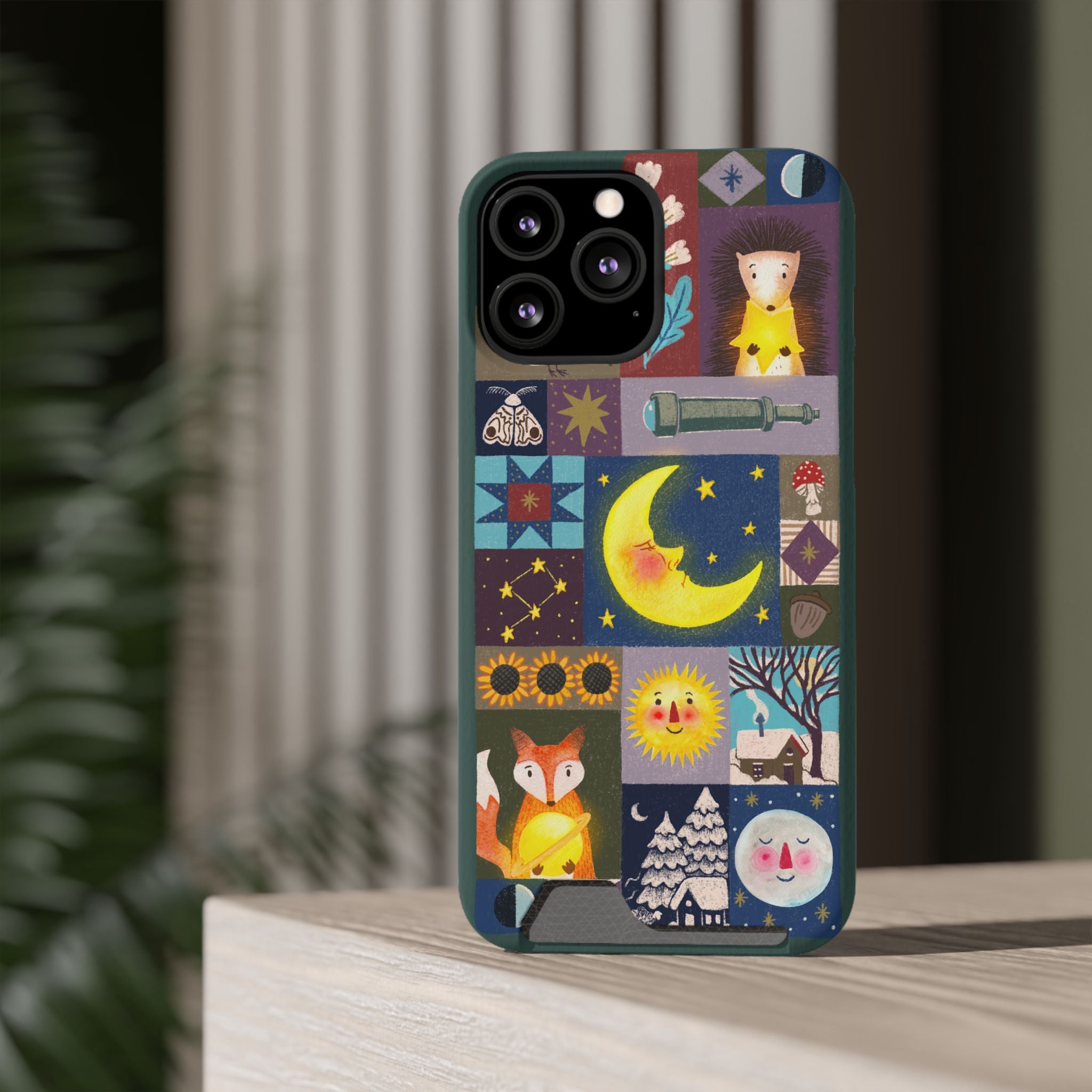 Magical Celestial Patchwork Phone Card Case - Cute Forest Animals Design, Perfect Gift for Nature Lovers, Kids & Adults, Ideal for Birthdays