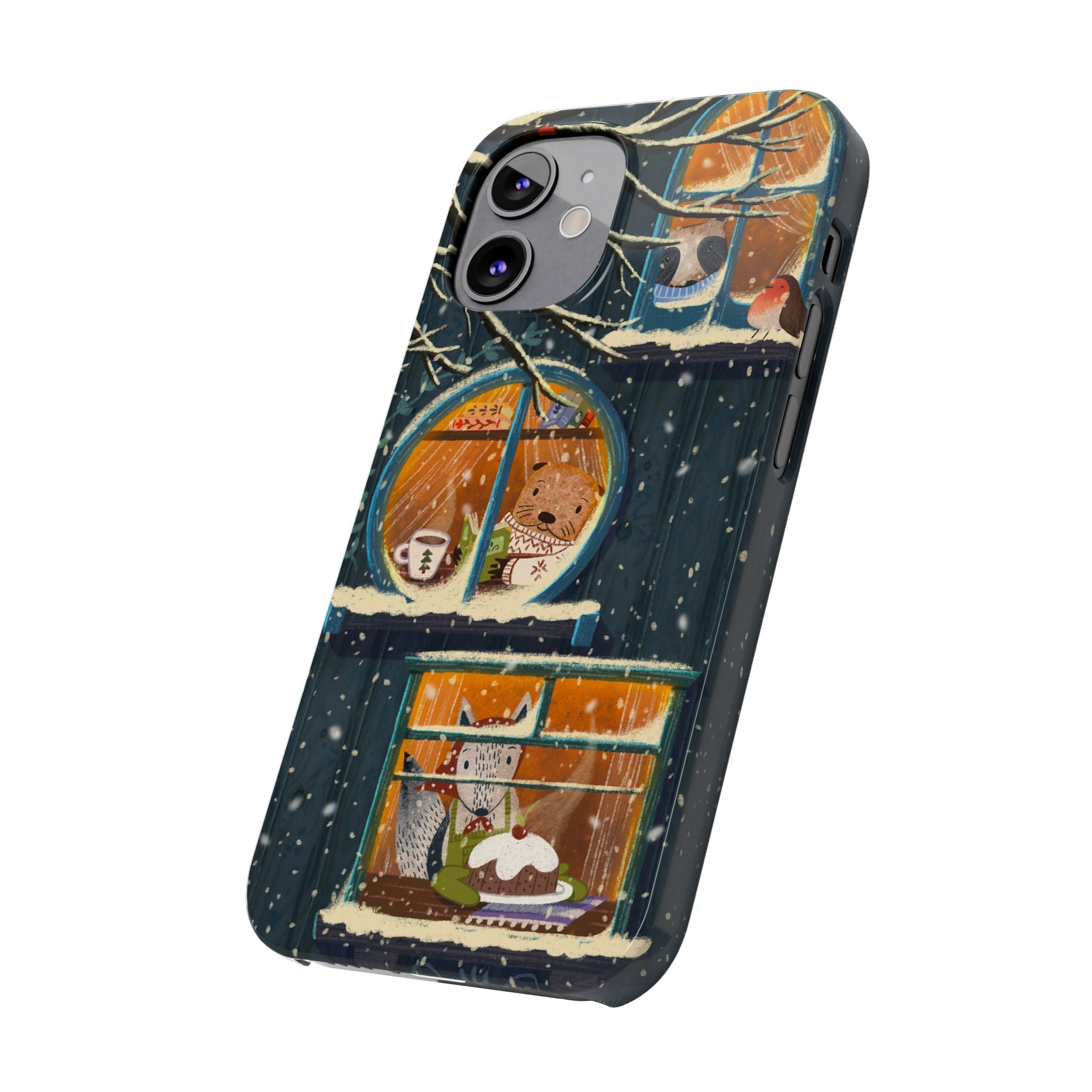 Cute Winter Animals Cozy Home iPhone Case, Woodland Cottage Cover, Treehouse at Night, Raccoon Bear Fox, iPhone 16 15 14 13 12 11 X XR 8 7
