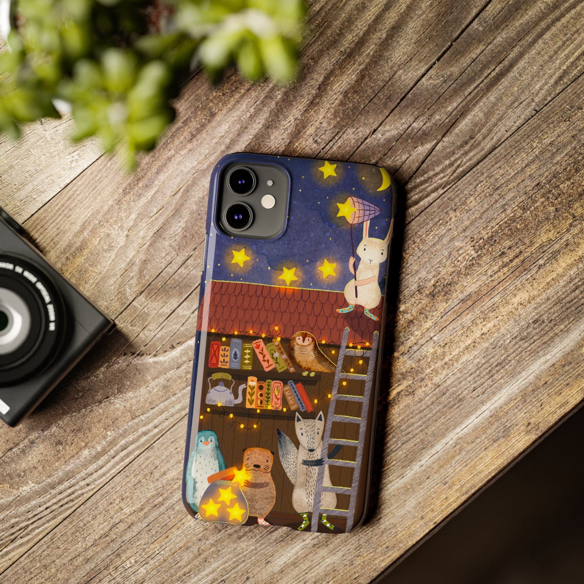 Starlit Library Phone Case, Woodland Animals iPhone Case, Cozy Night Scene Cover, Cute Animals Case Gift, iPhone 7 8 X XR 11 12 13 14 15 16