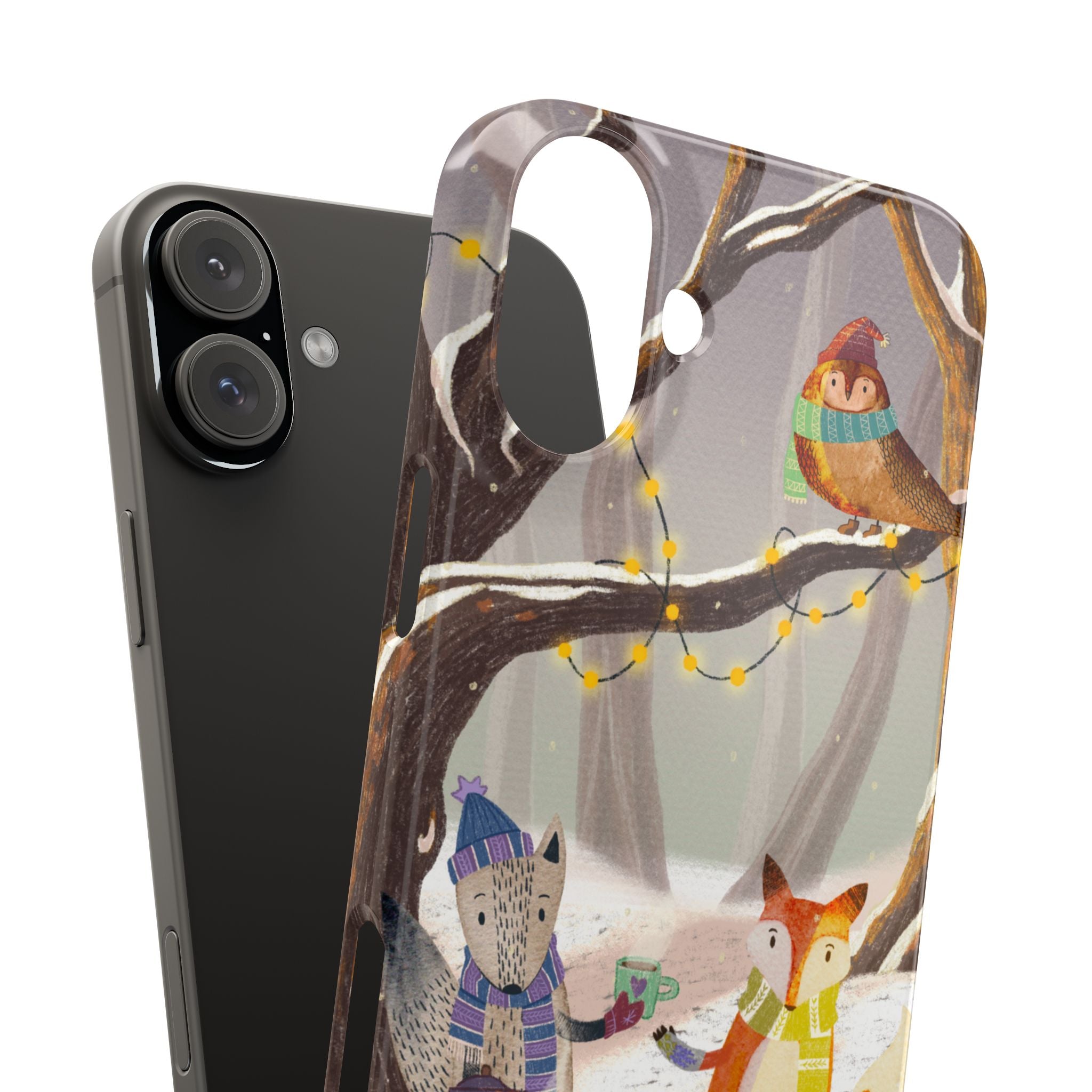Cozy Winter Animals Slim iPhone Case, Cute Fox & Owl Design, Winter Theme Holiday Gift, Cute Phone Cover Gift, iPhone 16 15 14 13 12 11 X XR