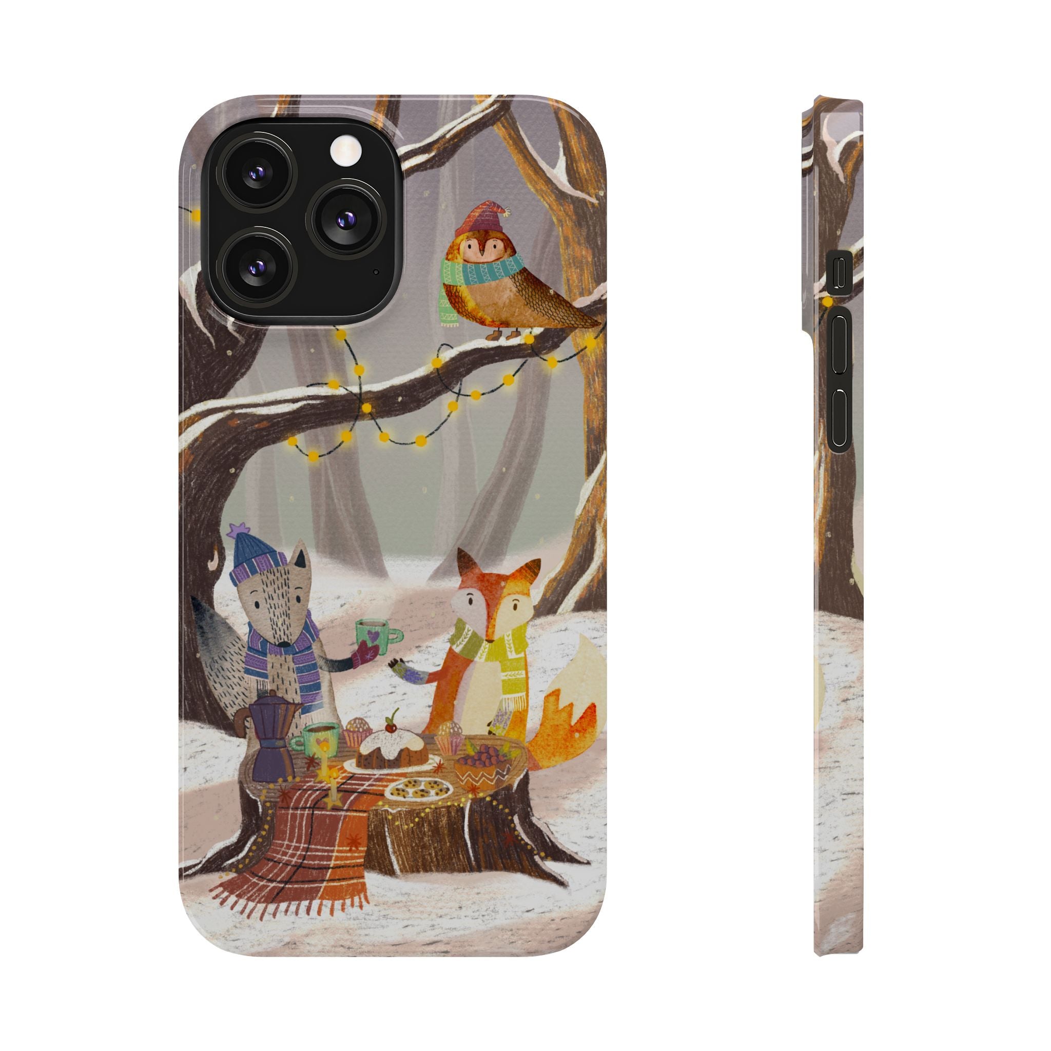 Cozy Winter Animals Slim iPhone Case, Cute Fox & Owl Design, Winter Theme Holiday Gift, Cute Phone Cover Gift, iPhone 16 15 14 13 12 11 X XR