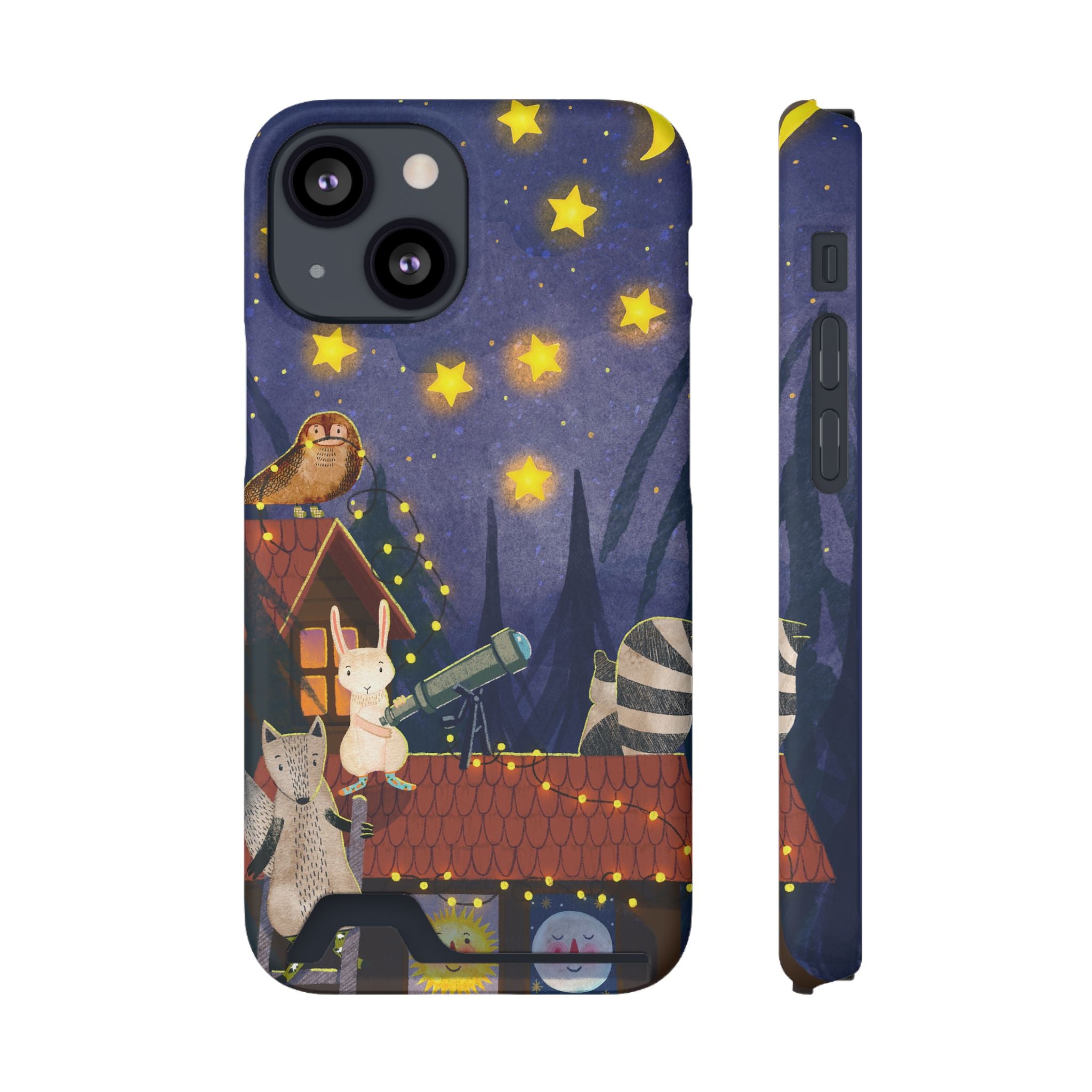 Stargazing Animals Phone Case With Card Holder - Cute Animal Design for Kids, Gift for Urban Explorers, Night Sky Vibes, Fun Accessory