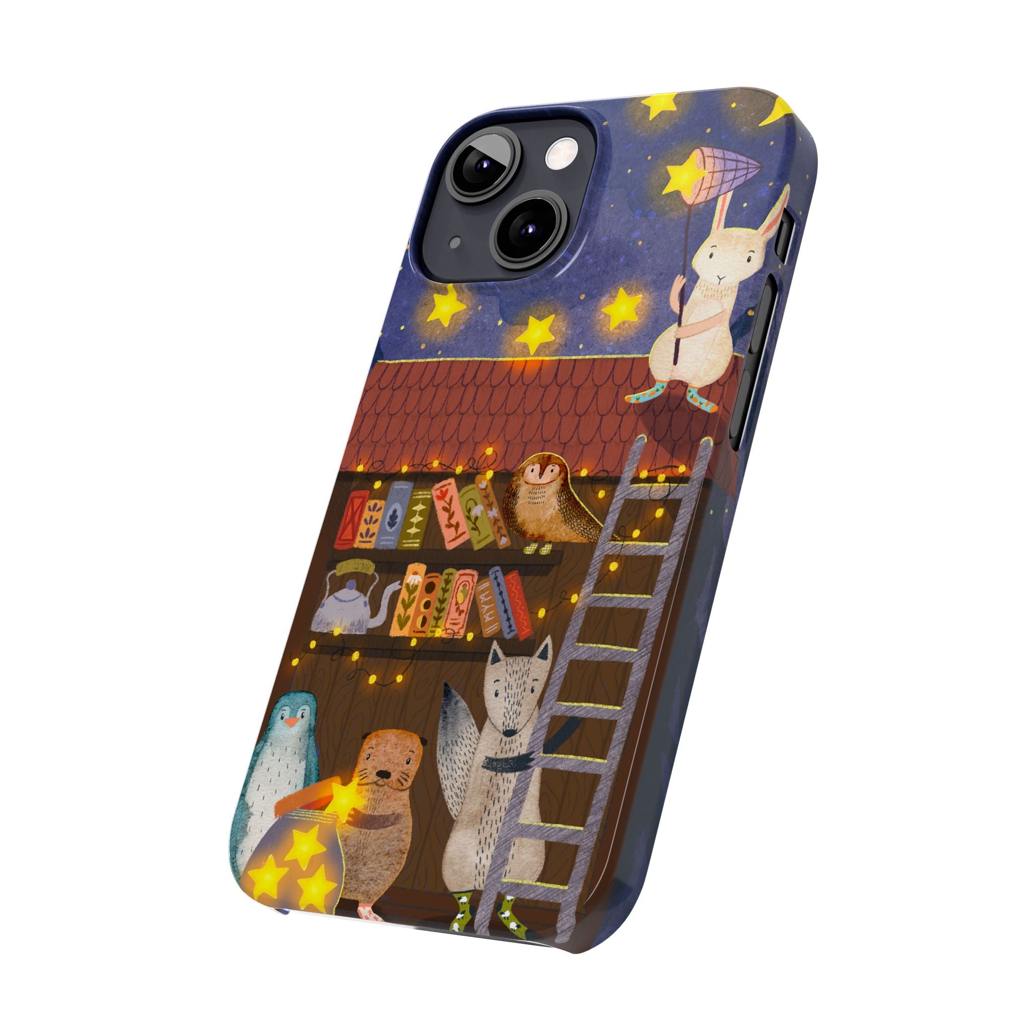 Starlit Library Phone Case, Woodland Animals iPhone Case, Cozy Night Scene Cover, Cute Animals Case Gift, iPhone 7 8 X XR 11 12 13 14 15 16
