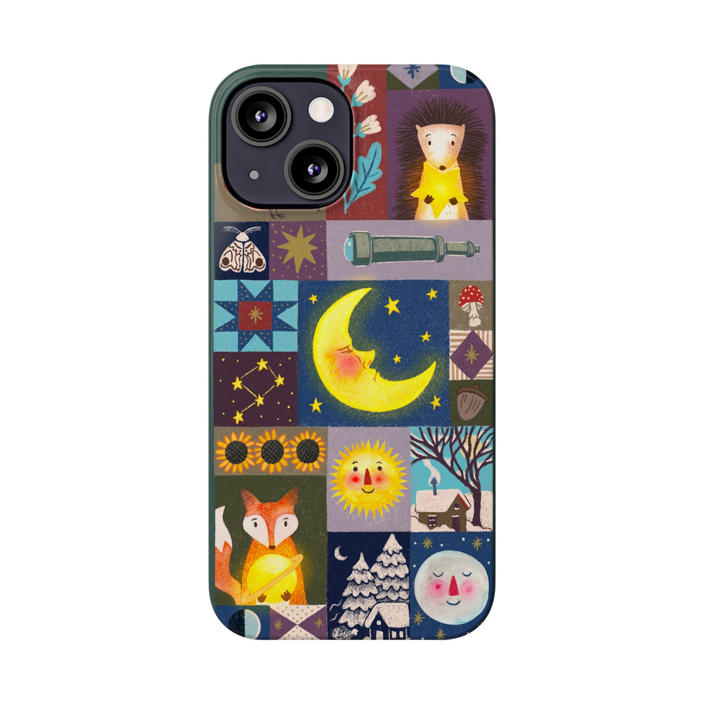 Celestial Quilt iPhone Case, Folk Art Moon Sun Fox Case, Nature Patchwork Cover, Cute Stellar Design, iPhone 7 8 X XR XS 11 12 13 14 15 16