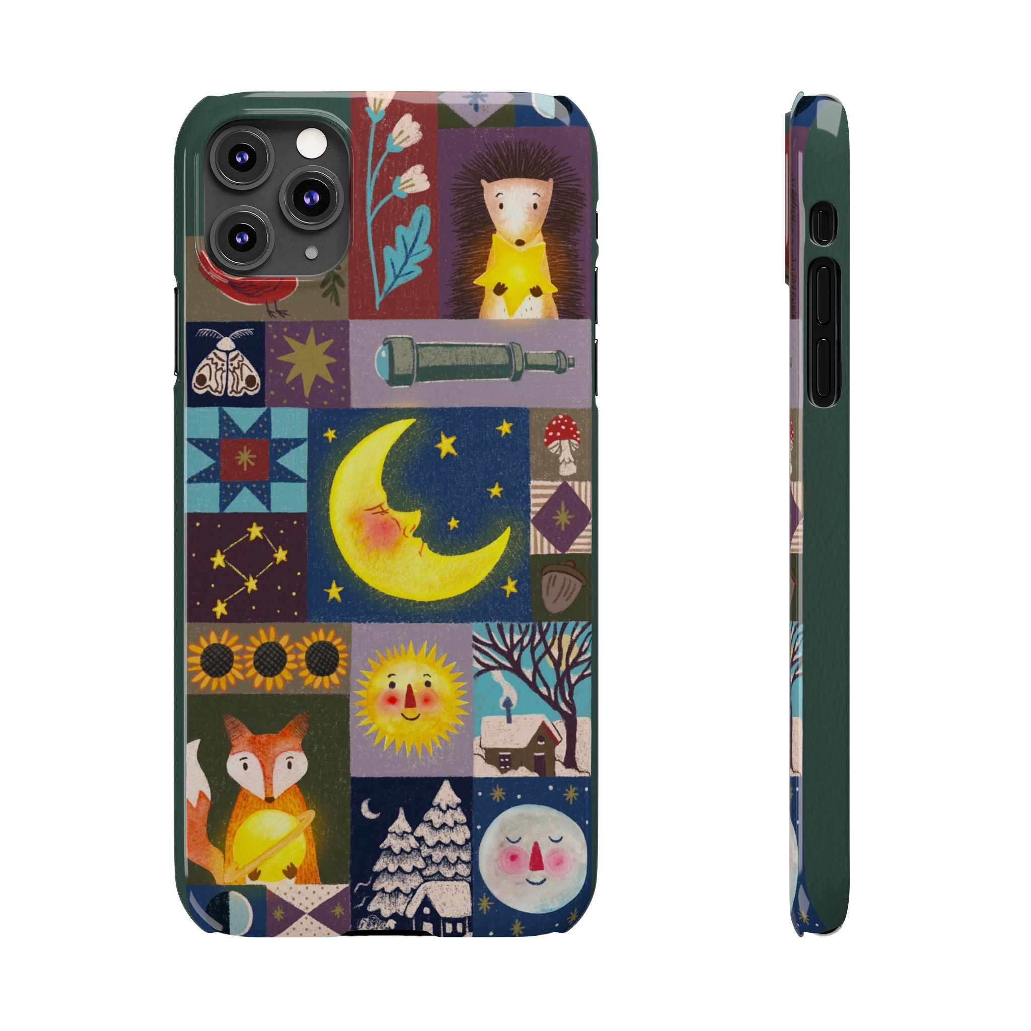 Celestial Quilt iPhone Case, Folk Art Moon Sun Fox Case, Nature Patchwork Cover, Cute Stellar Design, iPhone 7 8 X XR XS 11 12 13 14 15 16