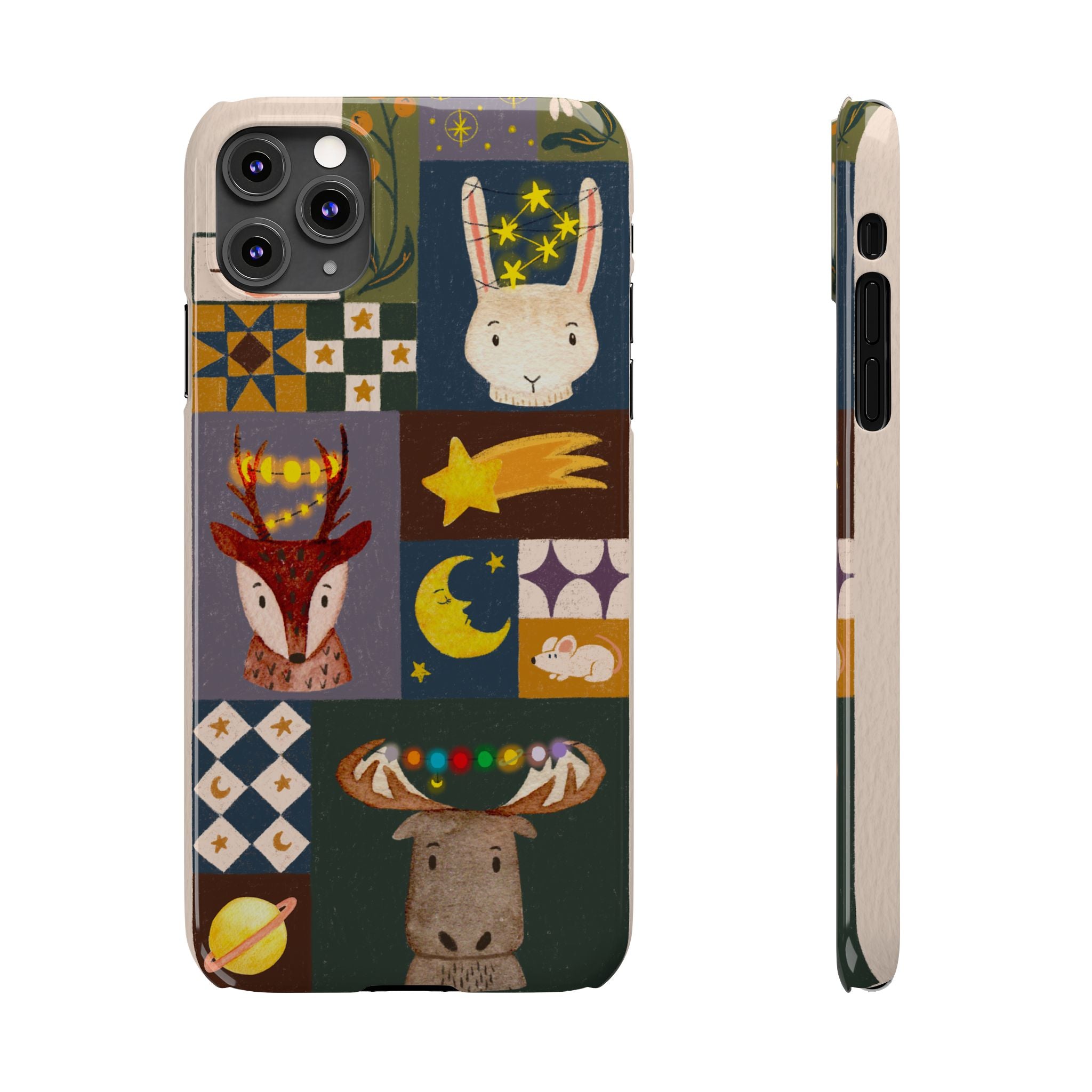 Holiday Night Sky Slim Case, Cute Forest Creatures iPhone Cover, Bunny Deer Moose, iPhone 7 8 X XR XS 11 12 13 14 15 16