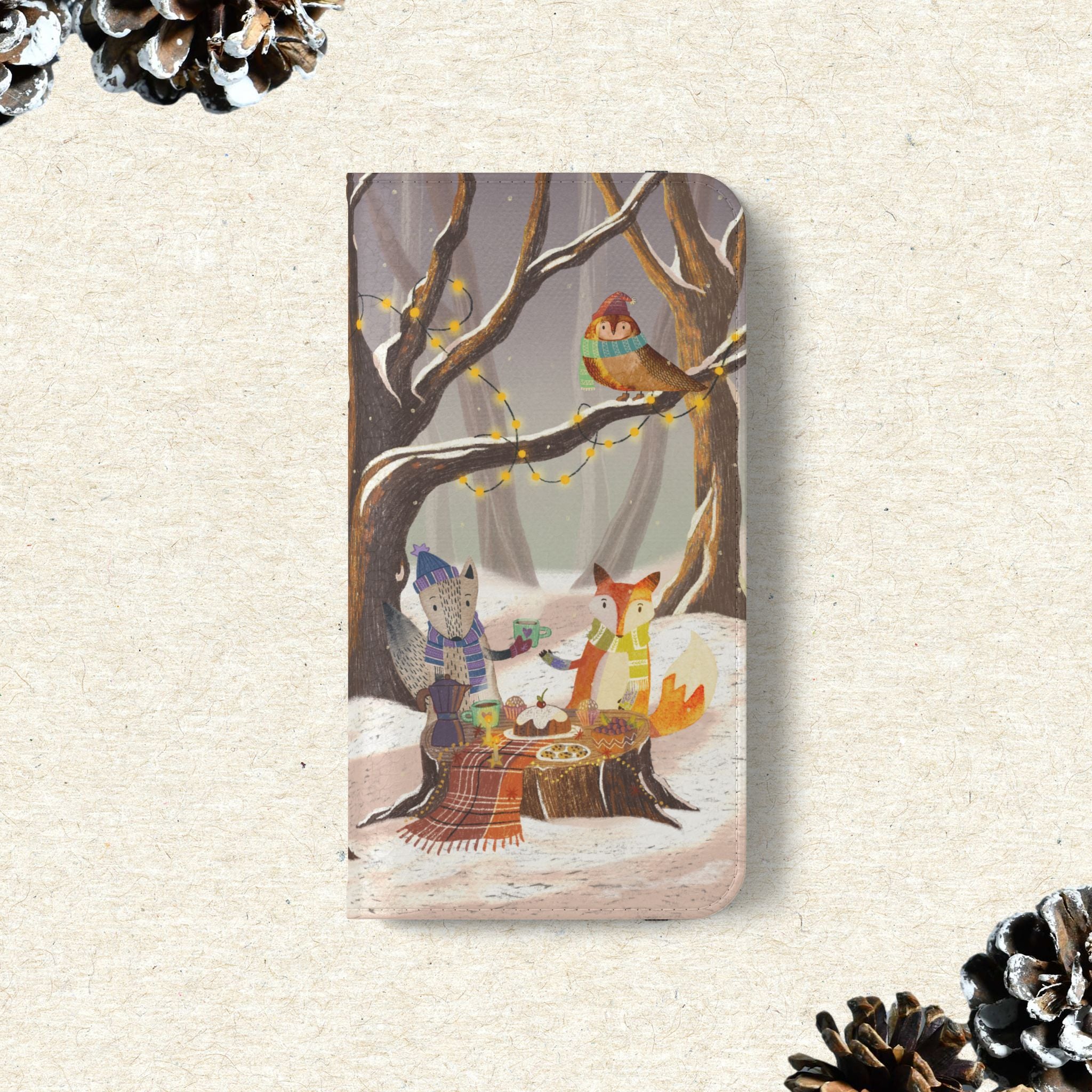 Winter Forest Tea Party Wallet Case, Woodland Animals Phone Flip Cover, Vegan Leather Case, iPhone 11 12 13 14 15 16, Galaxy Ultra S21 S22
