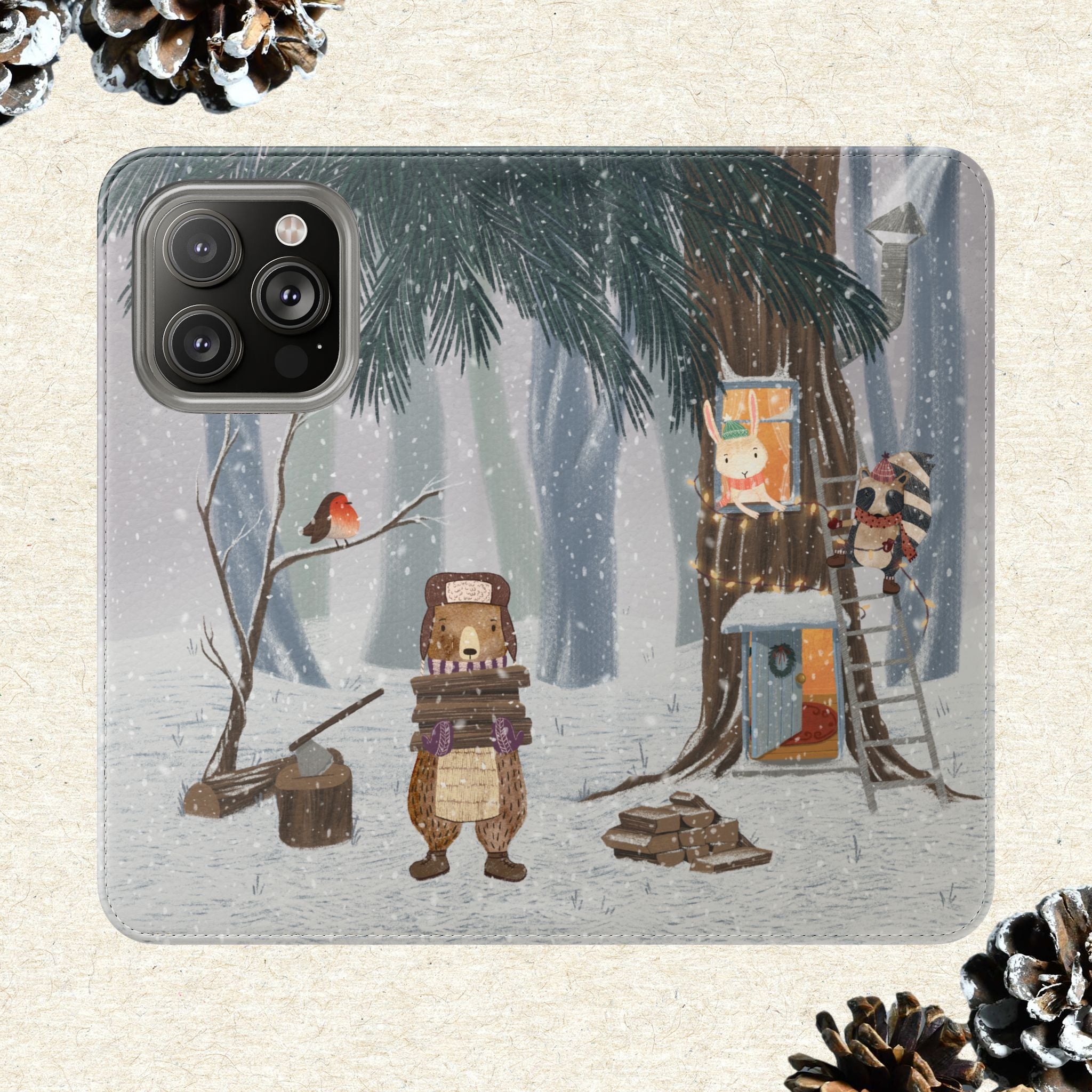 Winter Forest Friends Wallet Case, Woodland Flip Cover, Vegan Leather, Snowy Scene, Cozy Holiday, iPhone 11 12 13 14 15 16, Galaxy S21 S22