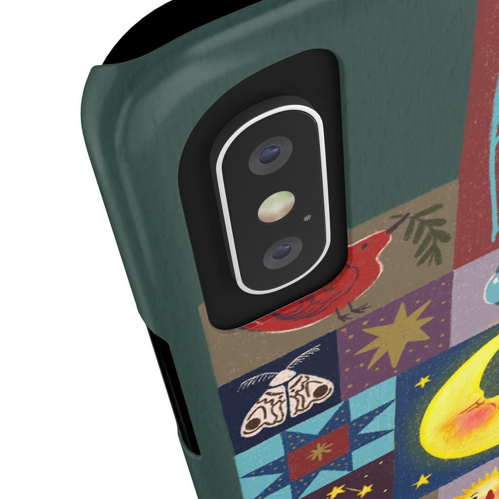Celestial Quilt iPhone Case, Folk Art Moon Sun Fox Case, Nature Patchwork Cover, Cute Stellar Design, iPhone 7 8 X XR XS 11 12 13 14 15 16