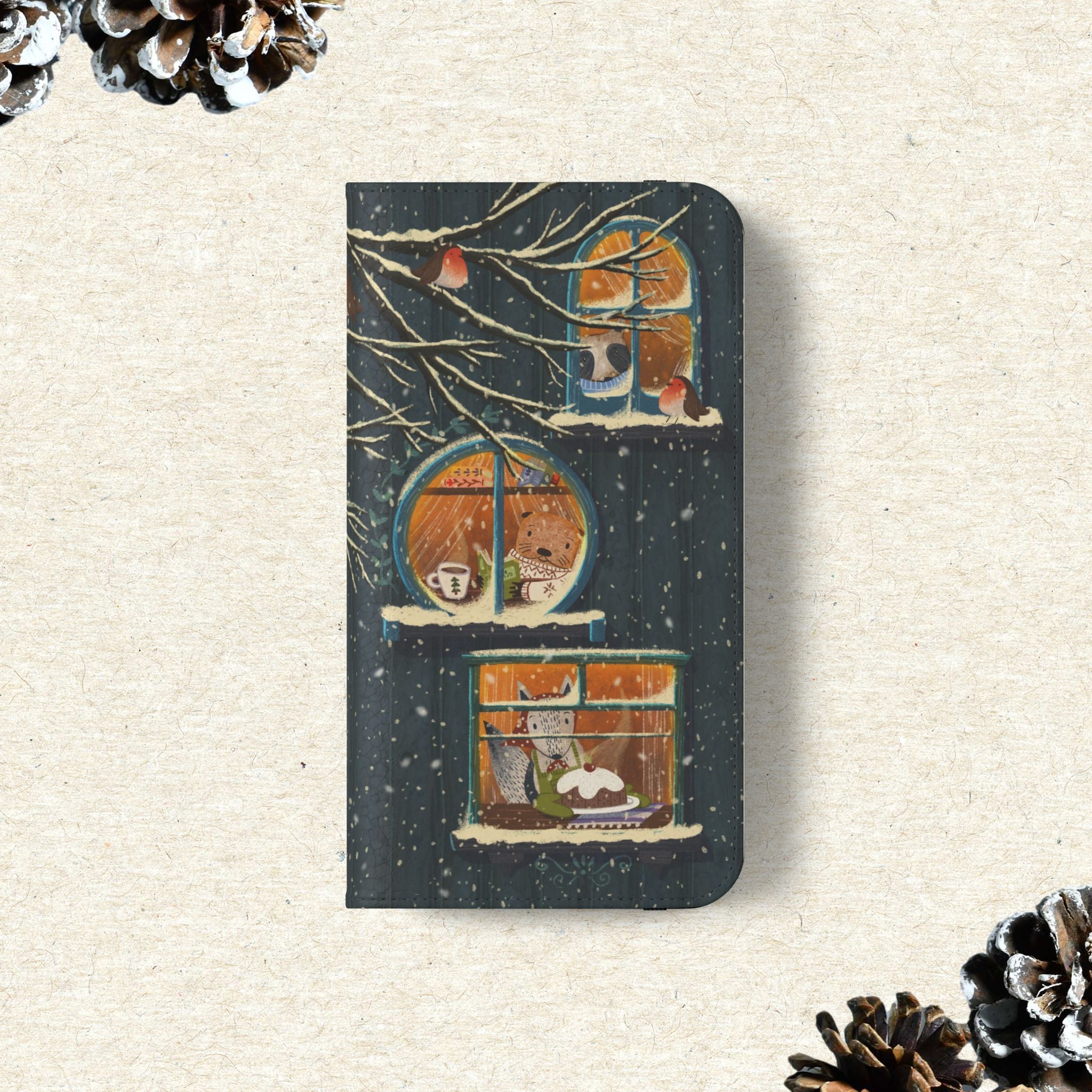 Cozy Winter Cottage Wallet Case, Cute Animals Flip Cover, Vegan Leather, Cozy Vibes, Gift Idea for iPhone 11 12 13 14 15 16, Galaxy S21 S22