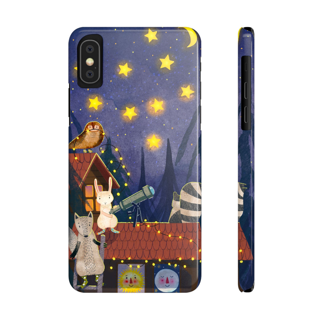 Stargazing Animals Slim iPhone Case, Night Sky Observatory Cover, Cute Forest Gift, Starry Night Gift, iPhone 16 15 14 13 12 11 X XR XS 8 7
