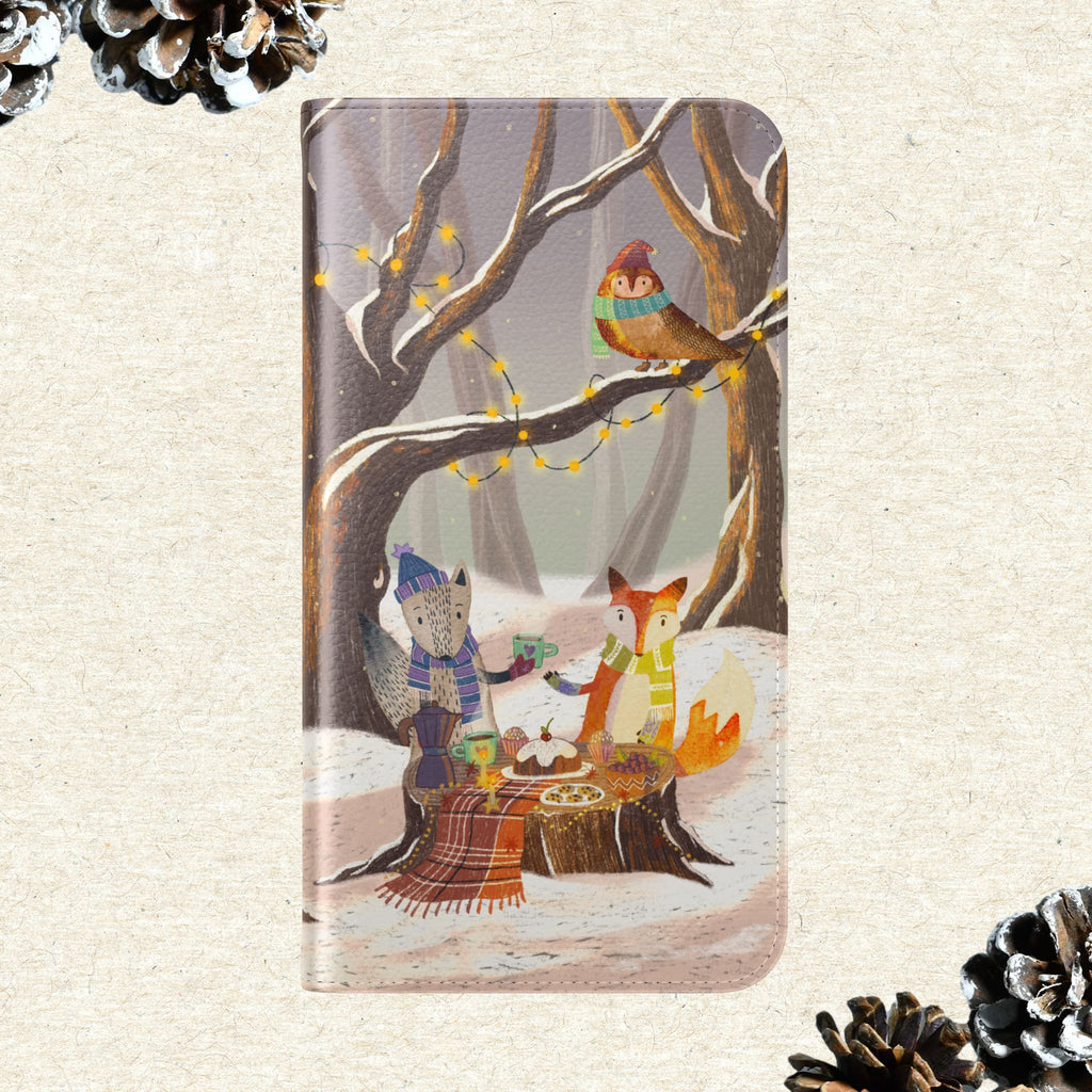 Winter Forest Tea Party Wallet Case, Woodland Animals Phone Flip Cover, Vegan Leather Case, iPhone 11 12 13 14 15 16, Galaxy Ultra S21 S22