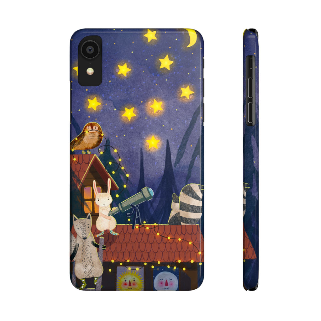 Stargazing Animals Slim iPhone Case, Night Sky Observatory Cover, Cute Forest Gift, Starry Night Gift, iPhone 16 15 14 13 12 11 X XR XS 8 7