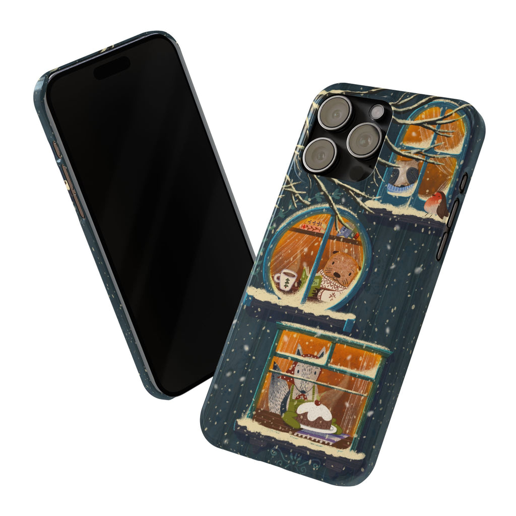 Cute Winter Animals Cozy Home iPhone Case, Woodland Cottage Cover, Treehouse at Night, Raccoon Bear Fox, iPhone 16 15 14 13 12 11 X XR 8 7