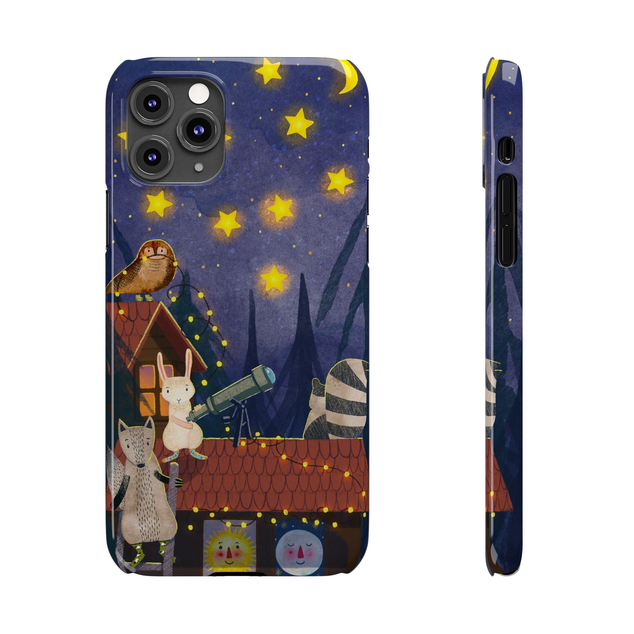 Stargazing Animals Slim iPhone Case, Night Sky Observatory Cover, Cute Forest Gift, Starry Night Gift, iPhone 16 15 14 13 12 11 X XR XS 8 7