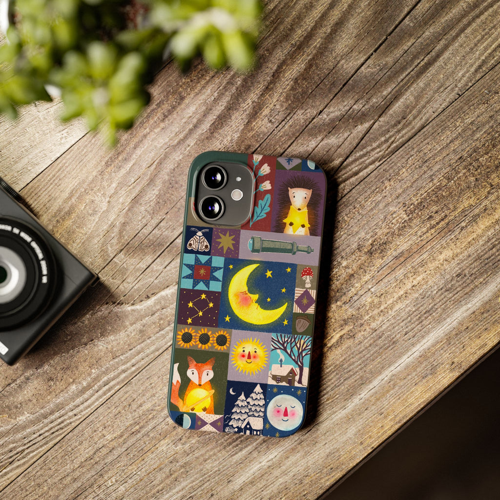 Celestial Quilt iPhone Case, Folk Art Moon Sun Fox Case, Nature Patchwork Cover, Cute Stellar Design, iPhone 7 8 X XR XS 11 12 13 14 15 16