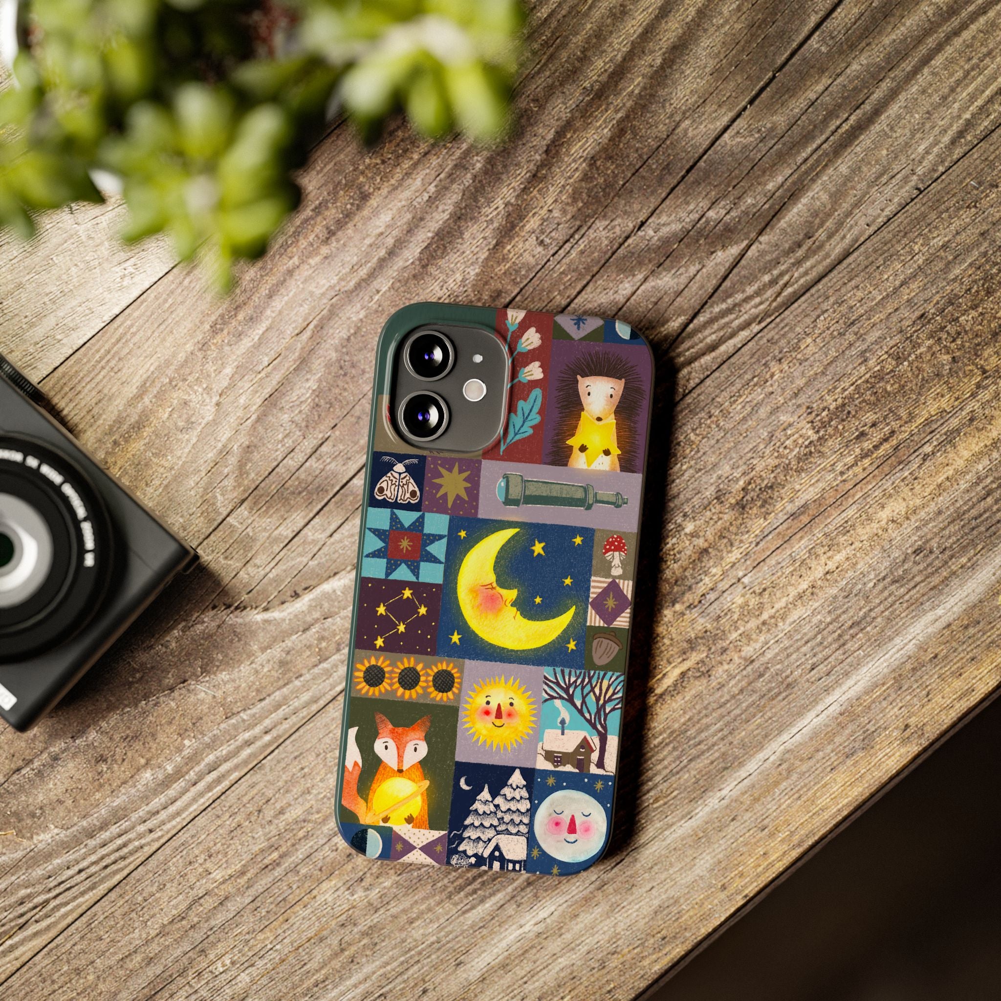 Celestial Quilt iPhone Case, Folk Art Moon Sun Fox Case, Nature Patchwork Cover, Cute Stellar Design, iPhone 7 8 X XR XS 11 12 13 14 15 16