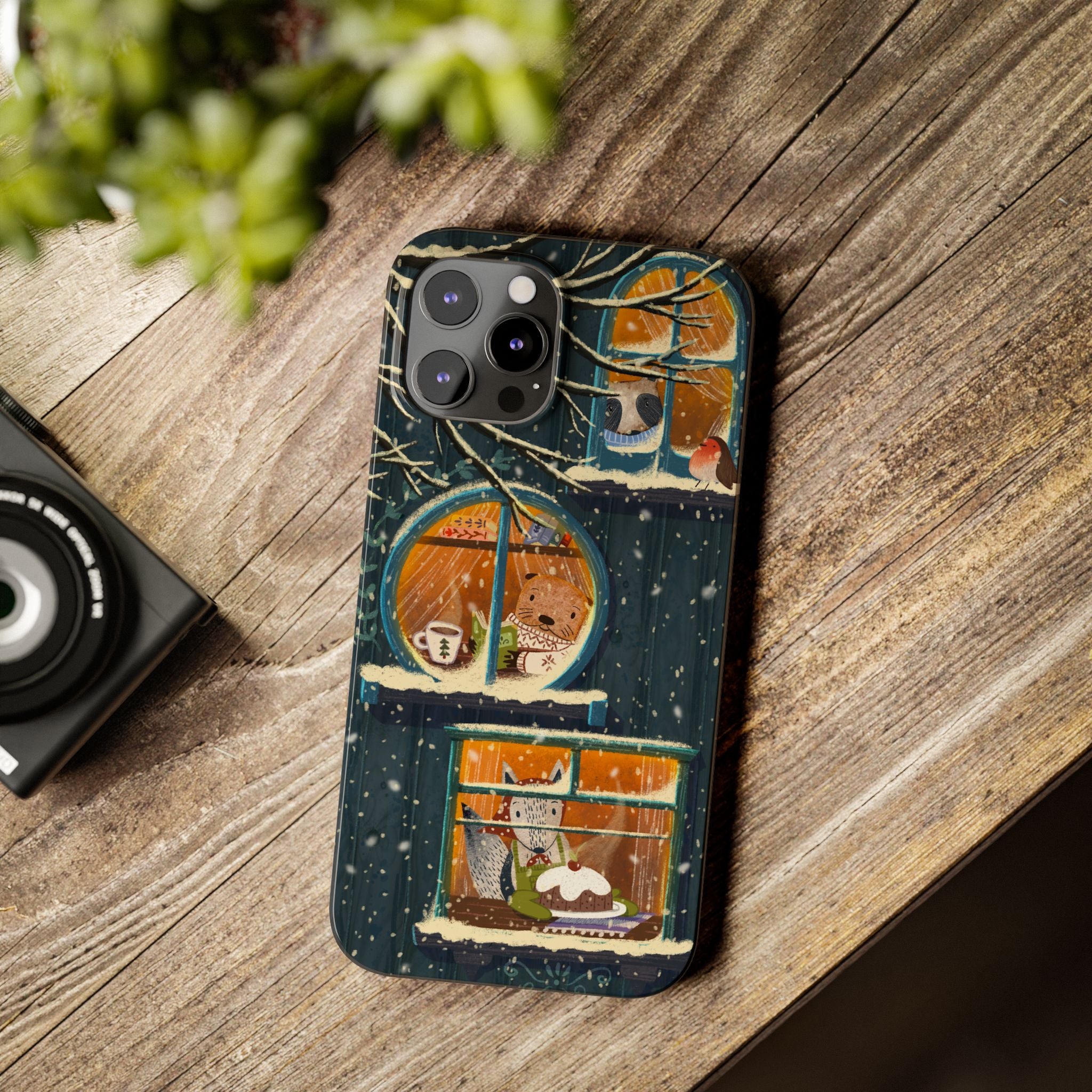 Cute Winter Animals Cozy Home iPhone Case, Woodland Cottage Cover, Treehouse at Night, Raccoon Bear Fox, iPhone 16 15 14 13 12 11 X XR 8 7