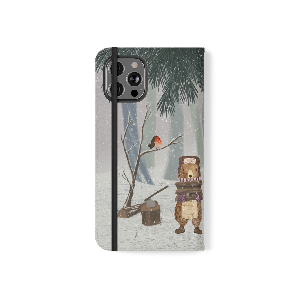 Winter Forest Friends Wallet Case, Woodland Flip Cover, Vegan Leather, Snowy Scene, Cozy Holiday, iPhone 11 12 13 14 15 16, Galaxy S21 S22